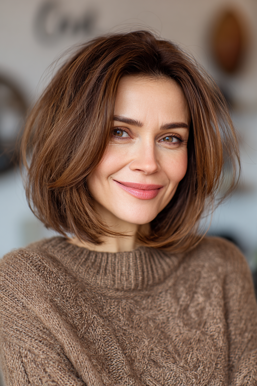 24. Long Bob with Deep Side Part in Cocoa Brown (Classy Haircuts For Women Over 50) - Classy Haircuts For Women Over 50