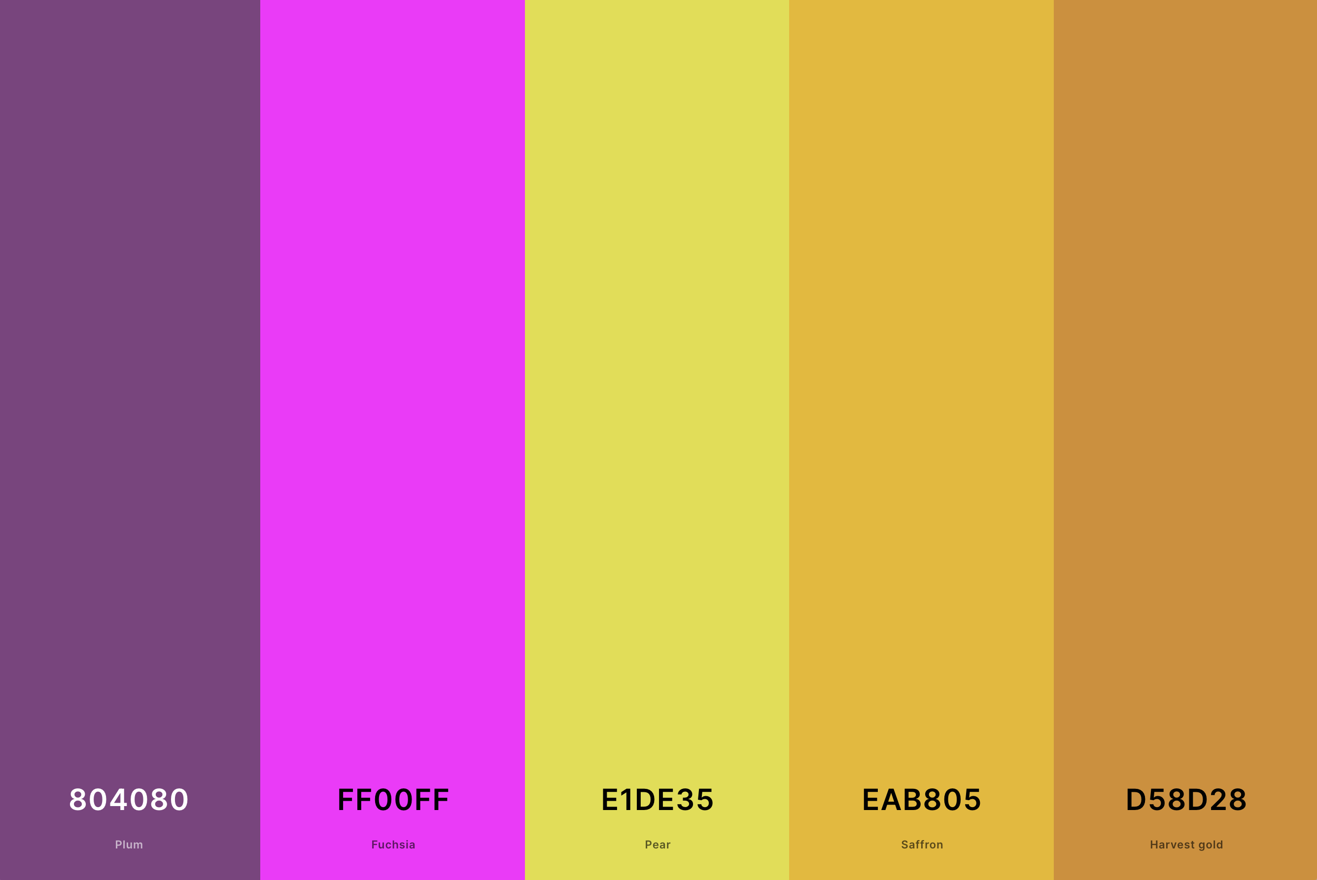 24. Magenta And Gold Color Palette Color Palette with Plum (Hex #804080) + Magenta (Hex #FF00FF) + Pear (Hex #E1DE35) + Saffron (Hex #EAB805) + Harvest Gold (Hex #D58D28) Color Palette with Hex Codes