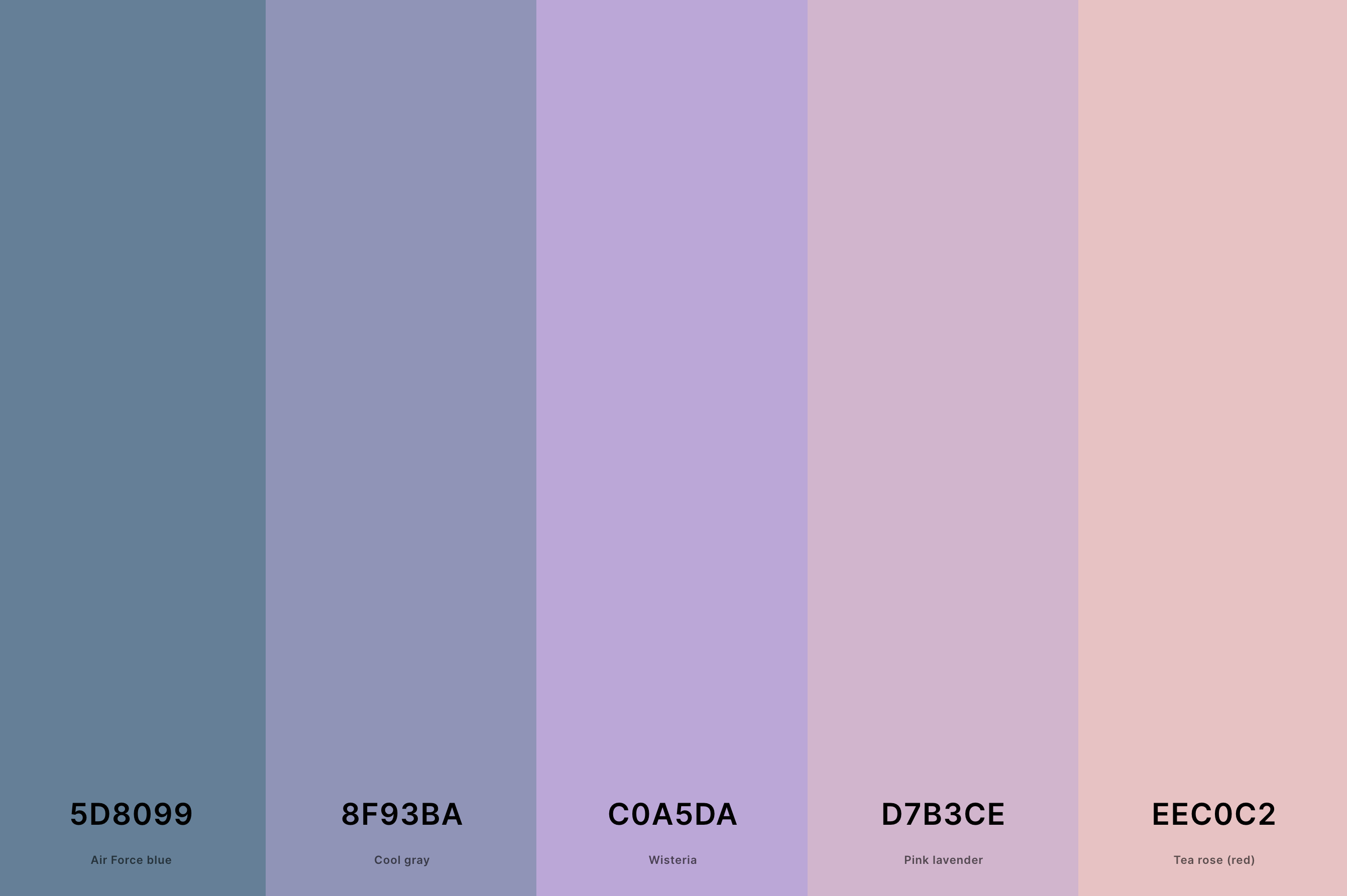 24. Mauve Summer Color Palette Color Palette with Air Force Blue (Hex #5D8099) + Cool Gray (Hex #8F93BA) + Wisteria (Hex #C0A5DA) + Pink Lavender (Hex #D7B3CE) + Tea Rose (Red) (Hex #EEC0C2) Color Palette with Hex Codes