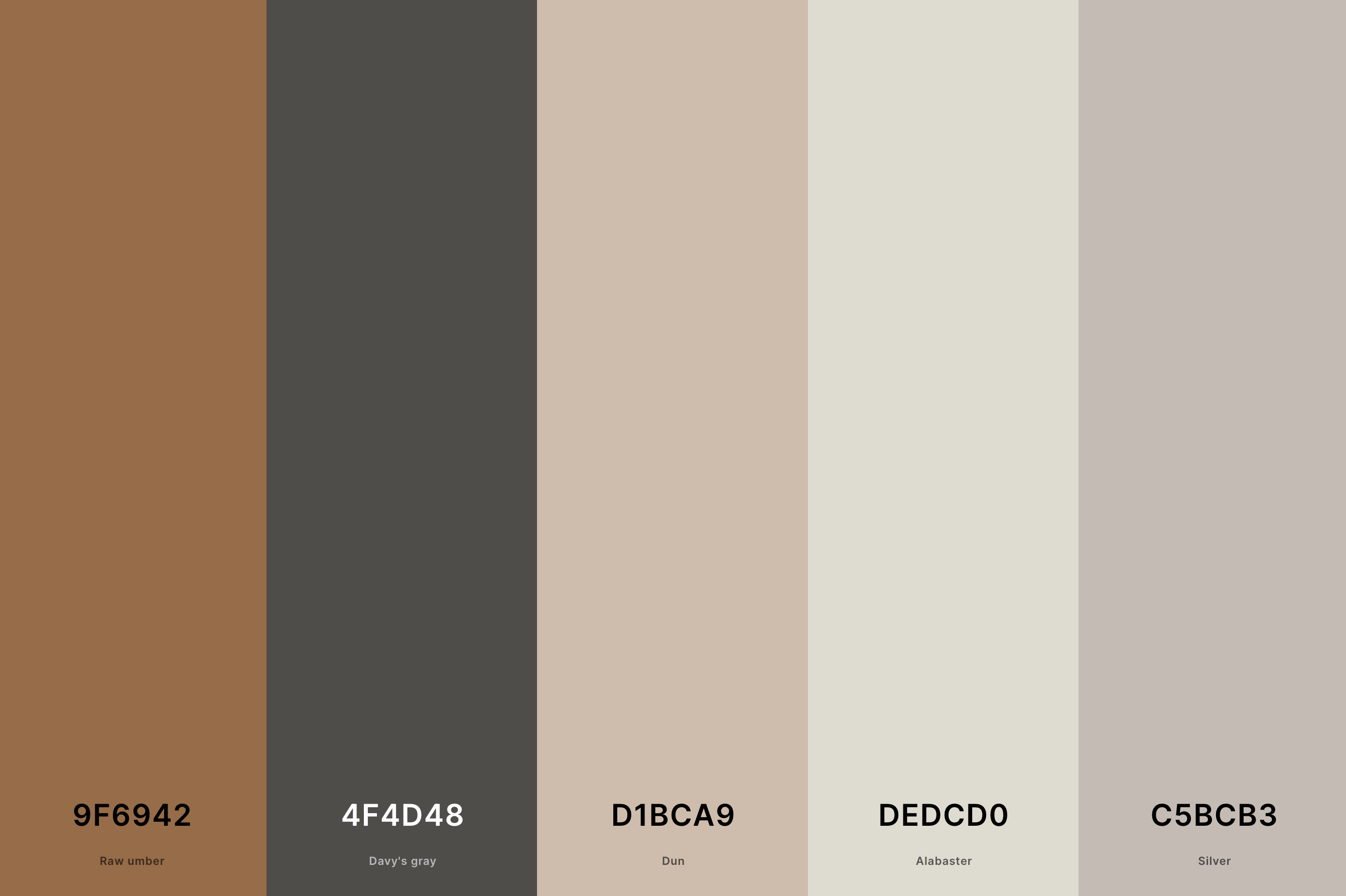 24. Neutral Ground Color Palette Color Palette with Raw Umber (Hex #9F6942) + Davy'S Gray (Hex #4F4D48) + Dun (Hex #D1BCA9) + Alabaster (Hex #DEDCD0) + Silver (Hex #C5BCB3) Color Palette with Hex Codes