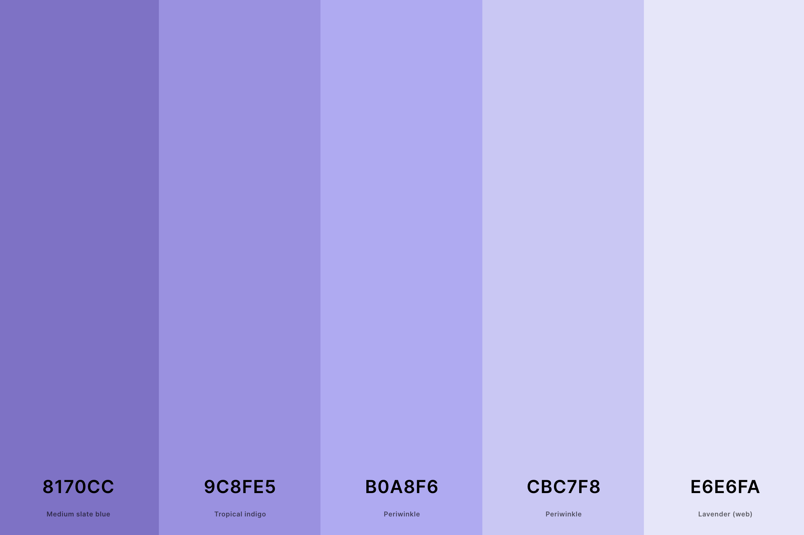 24. Pastel Lavender Color Palette Color Palette with Medium Slate Blue (Hex #8170CC) + Tropical Indigo (Hex #9C8FE5) + Periwinkle (Hex #B0A8F6) + Periwinkle (Hex #CBC7F8) + Lavender (Web) (Hex #E6E6FA) Color Palette with Hex Codes