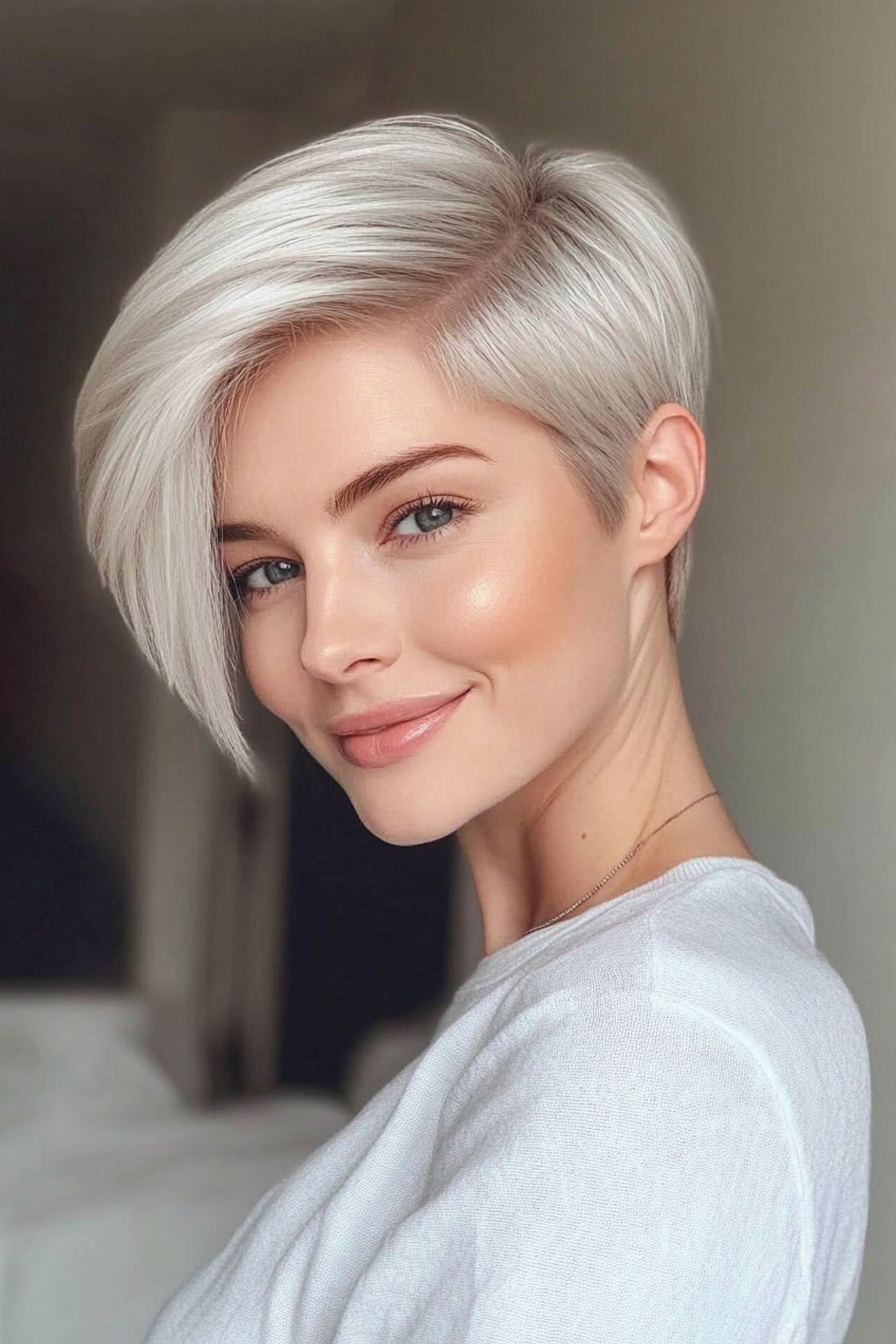 24. Precision Pixie in Silver Blonde (Short Hairstyles For Older Women With Thinning Hair) - Short Hairstyles For Older Women With Thinning Hair