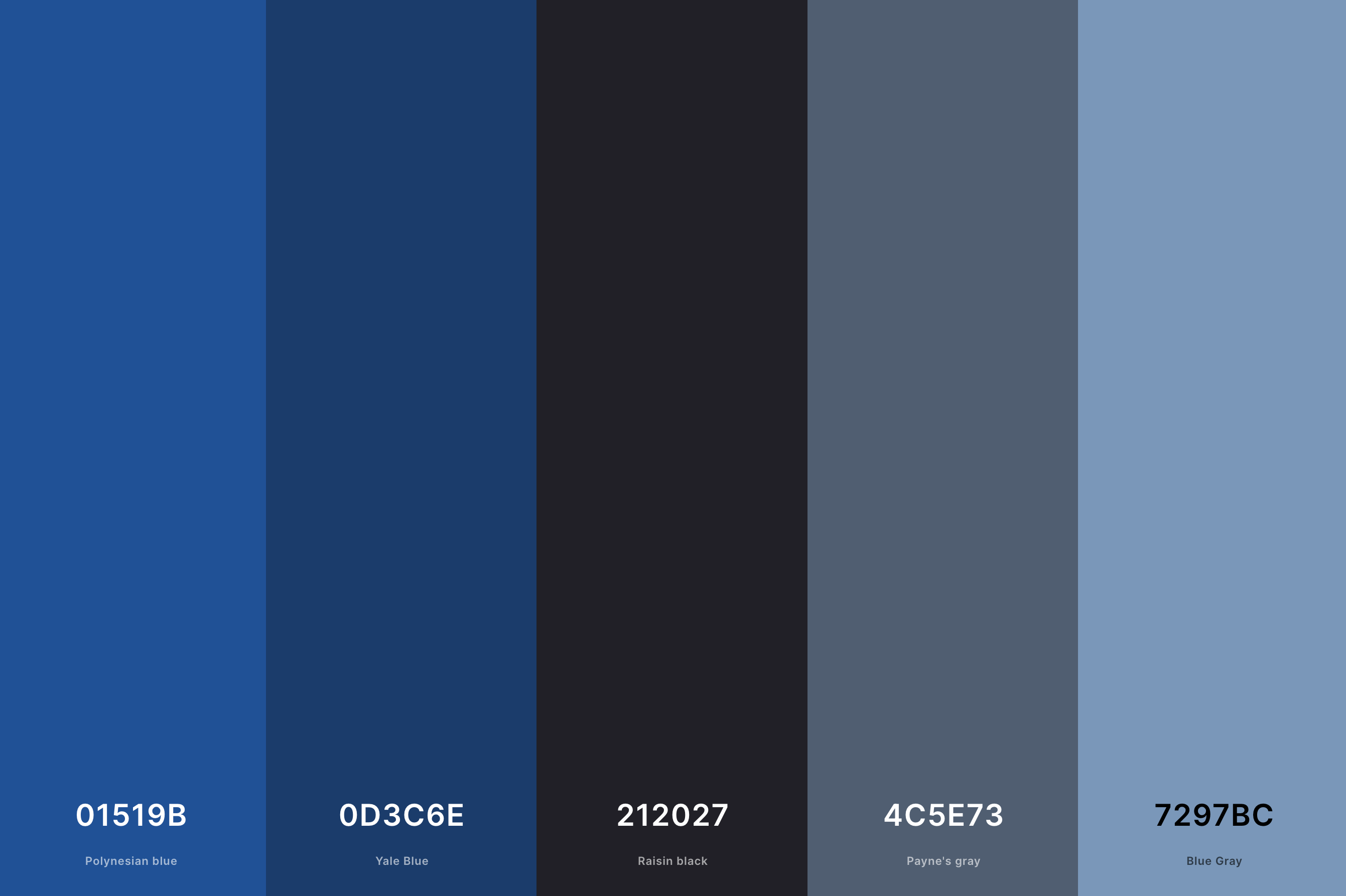 24. Retro Blue Color Palette Color Palette with Polynesian Blue (Hex #01519B) + Yale Blue (Hex #0D3C6E) + Raisin Black (Hex #212027) + Payne'S Gray (Hex #4C5E73) + Blue Gray (Hex #7297BC) Color Palette with Hex Codes
