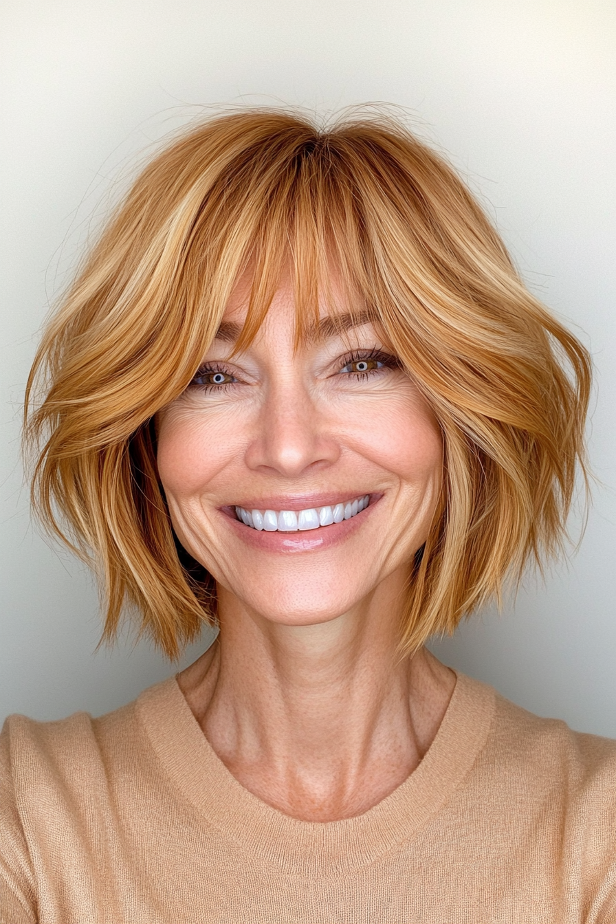24. Rounded Honey Bob with Wispy Bangs (Hairstyles For Women Over 40 With Fine Hair) - Hairstyles For Women Over 40 With Fine Hair