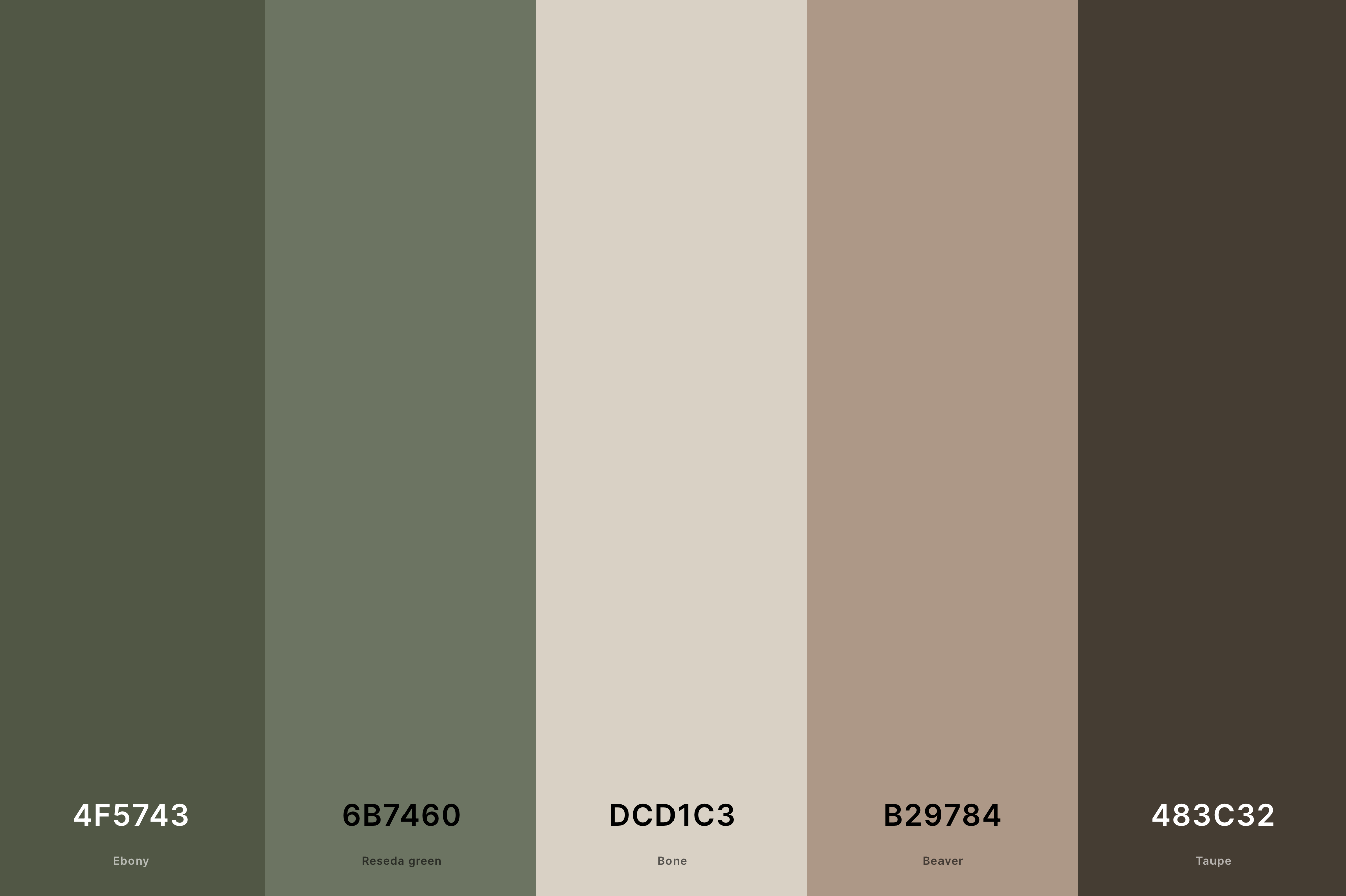 24. Sage Green And Taupe Color Palette Color Palette with Ebony (Hex #4F5743) + Reseda Green (Hex #6B7460) + Bone (Hex #DCD1C3) + Beaver (Hex #B29784) + Taupe (Hex #483C32) Color Palette with Hex Codes