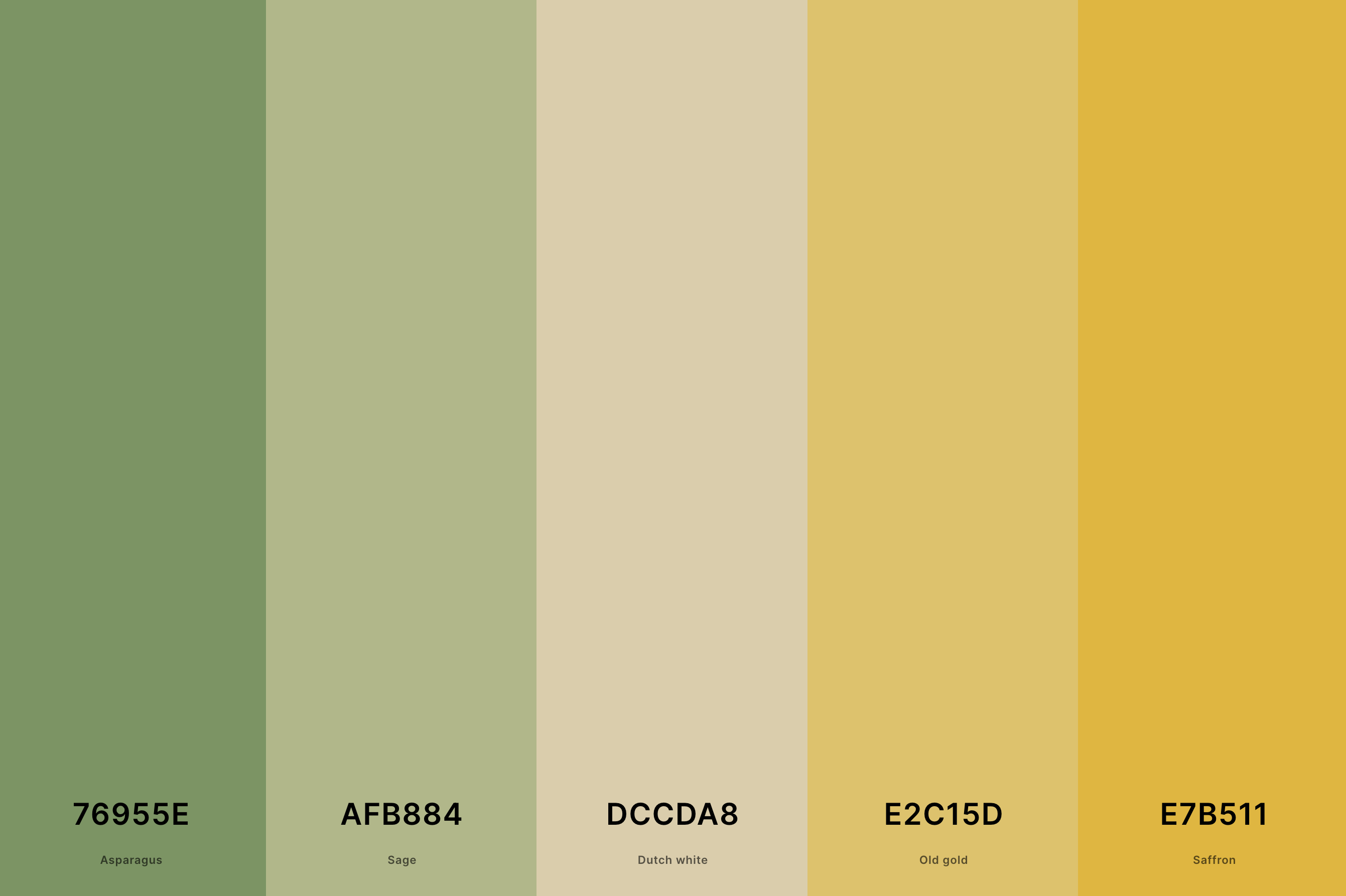 24. Sage Green And Yellow Color Palette Color Palette with Asparagus (Hex #76955E) + Sage (Hex #AFB884) + Dutch White (Hex #DCCDA8) + Old Gold (Hex #E2C15D) + Saffron (Hex #E7B511) Color Palette with Hex Codes