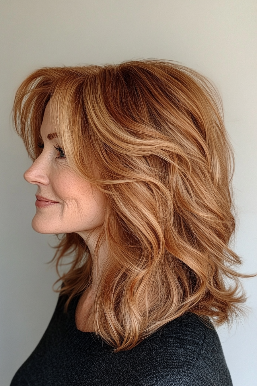 24. Shaggy Midi Cut with Warm Cinnamon Brown Tones (Medium Hairstyles For Women Over 60) - Medium Hairstyles For Women Over 60