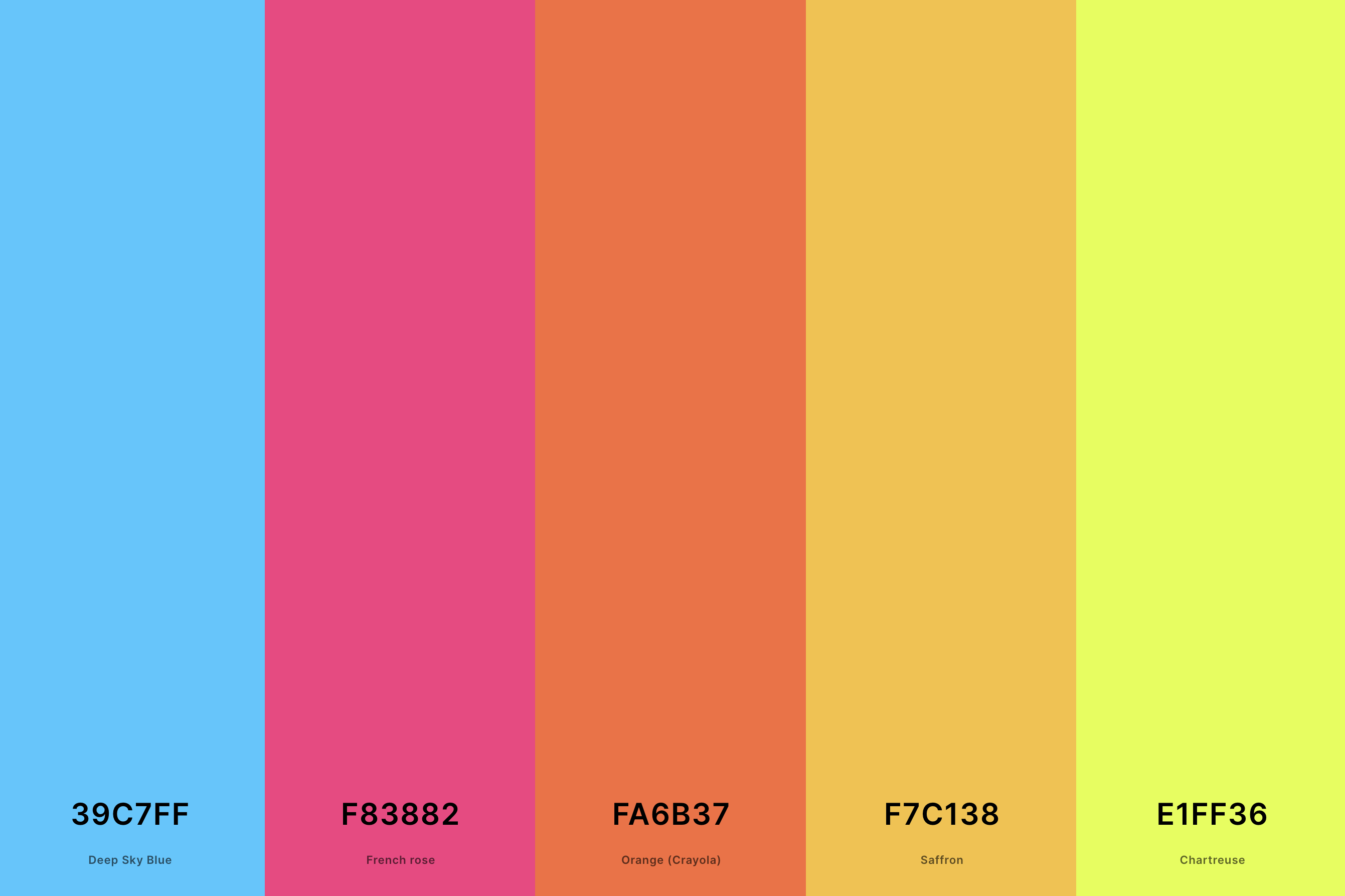 24. Soft Neon Color Palette Color Palette with Deep Sky Blue (Hex #39C7FF) + French Rose (Hex #F83882) + Orange (Crayola) (Hex #FA6B37) + Saffron (Hex #F7C138) + Chartreuse (Hex #E1FF36) Color Palette with Hex Codes