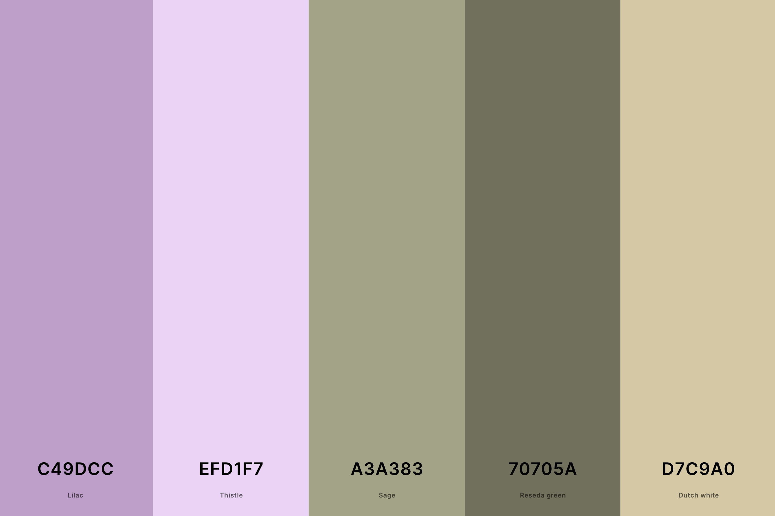 24. Tan And Sage Green Color Palette Color Palette with Lilac (Hex #C49DCC) + Thistle (Hex #EFD1F7) + Sage (Hex #A3A383) + Reseda Green (Hex #70705A) + Dutch White (Hex #D7C9A0) Color Palette with Hex Codes