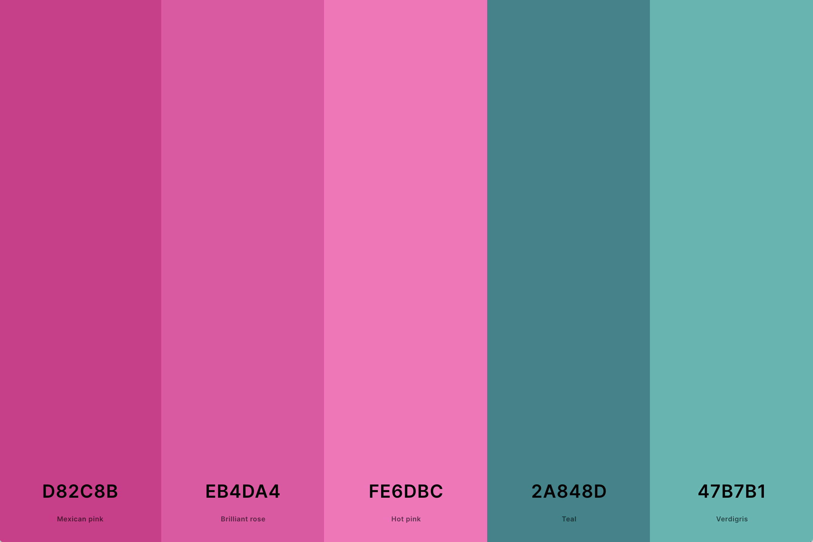 24. Teal And Pink Color Palette Color Palette with Mexican Pink (Hex #D82C8B) + Brilliant Rose (Hex #EB4DA4) + Hot Pink (Hex #FE6DBC) + Teal (Hex #2A848D) + Verdigris (Hex #47B7B1) Color Palette with Hex Codes