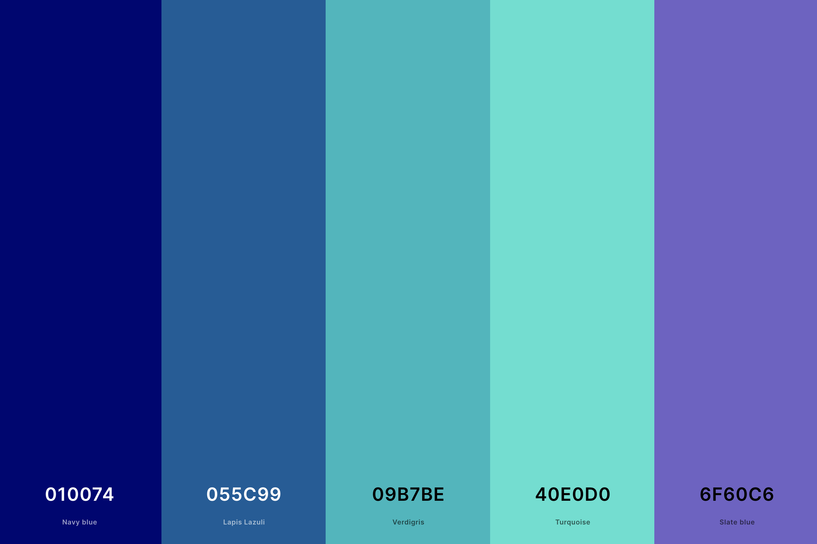 24. Turquoise And Navy Blue Color Palette Color Palette with Navy Blue (Hex #010074) + Lapis Lazuli (Hex #055C99) + Verdigris (Hex #09B7BE) + Turquoise (Hex #40E0D0) + Slate Blue (Hex #6F60C6) Color Palette with Hex Codes