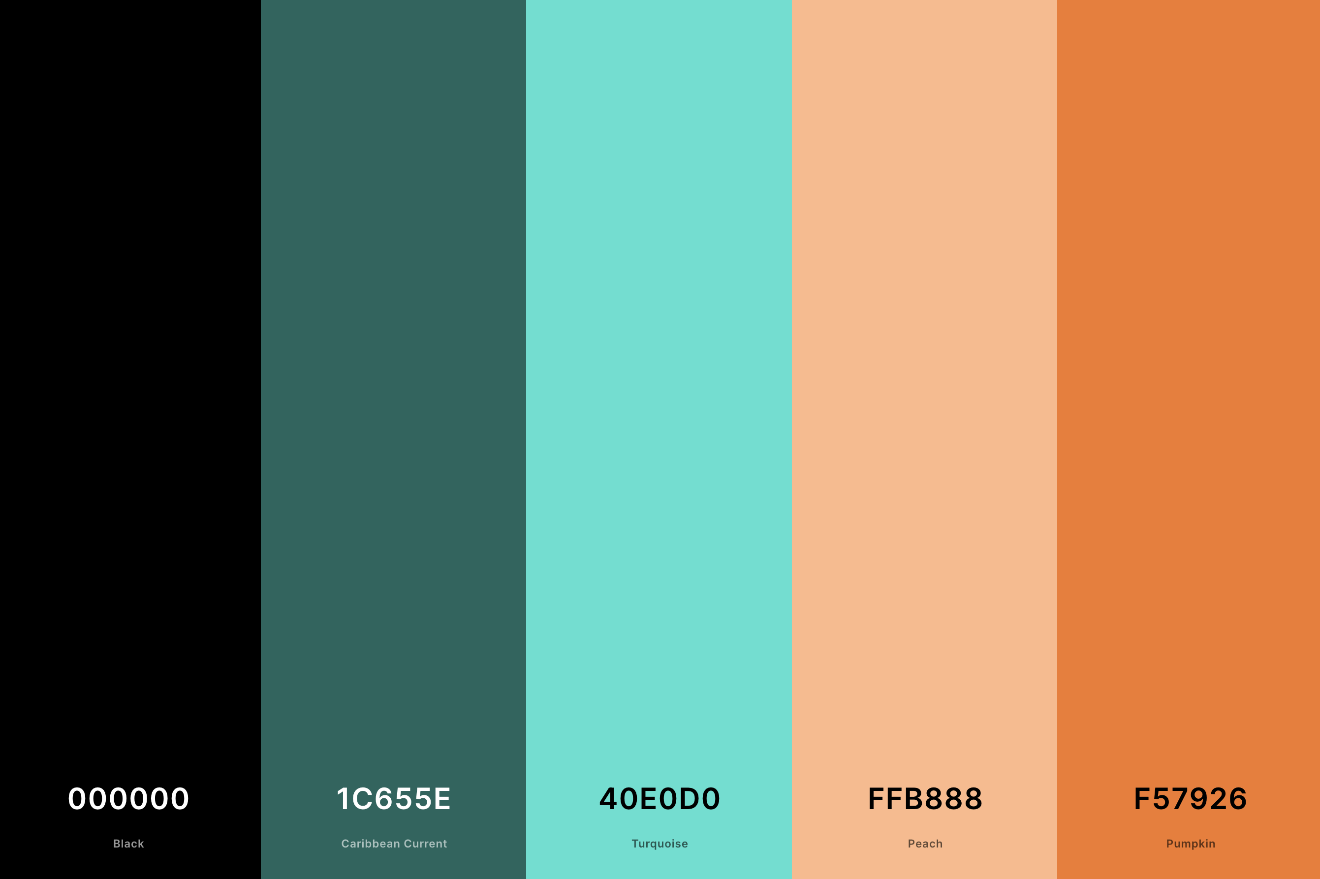 24. Turquoise, Coral And Black Color Palette Color Palette with Black (Hex #000000) + Caribbean Current (Hex #1C655E) + Turquoise (Hex #40E0D0) + Peach (Hex #FFB888) + Pumpkin (Hex #F57926) Color Palette with Hex Codes
