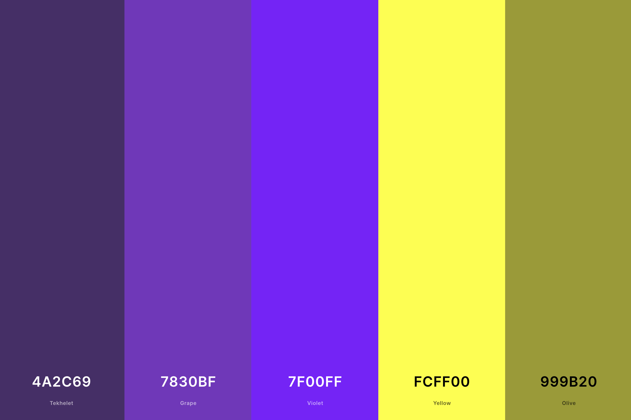 24. Violet Complementary Color Palette Color Palette with Tekhelet (Hex #4A2C69) + Grape (Hex #7830BF) + Violet (Hex #7F00FF) + Yellow (Hex #FCFF00) + Olive (Hex #999B20) Color Palette with Hex Codes