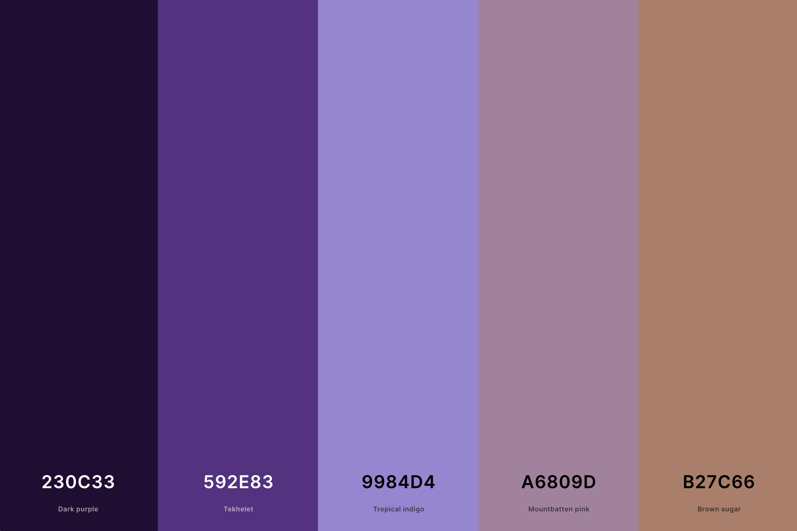 24. Warm Purple Color Palette Color Palette with Dark Purple (Hex #230C33) + Tekhelet (Hex #592E83) + Tropical Indigo (Hex #9984D4) + Mountbatten Pink (Hex #A6809D) + Brown Sugar (Hex #B27C66) Color Palette with Hex Codes