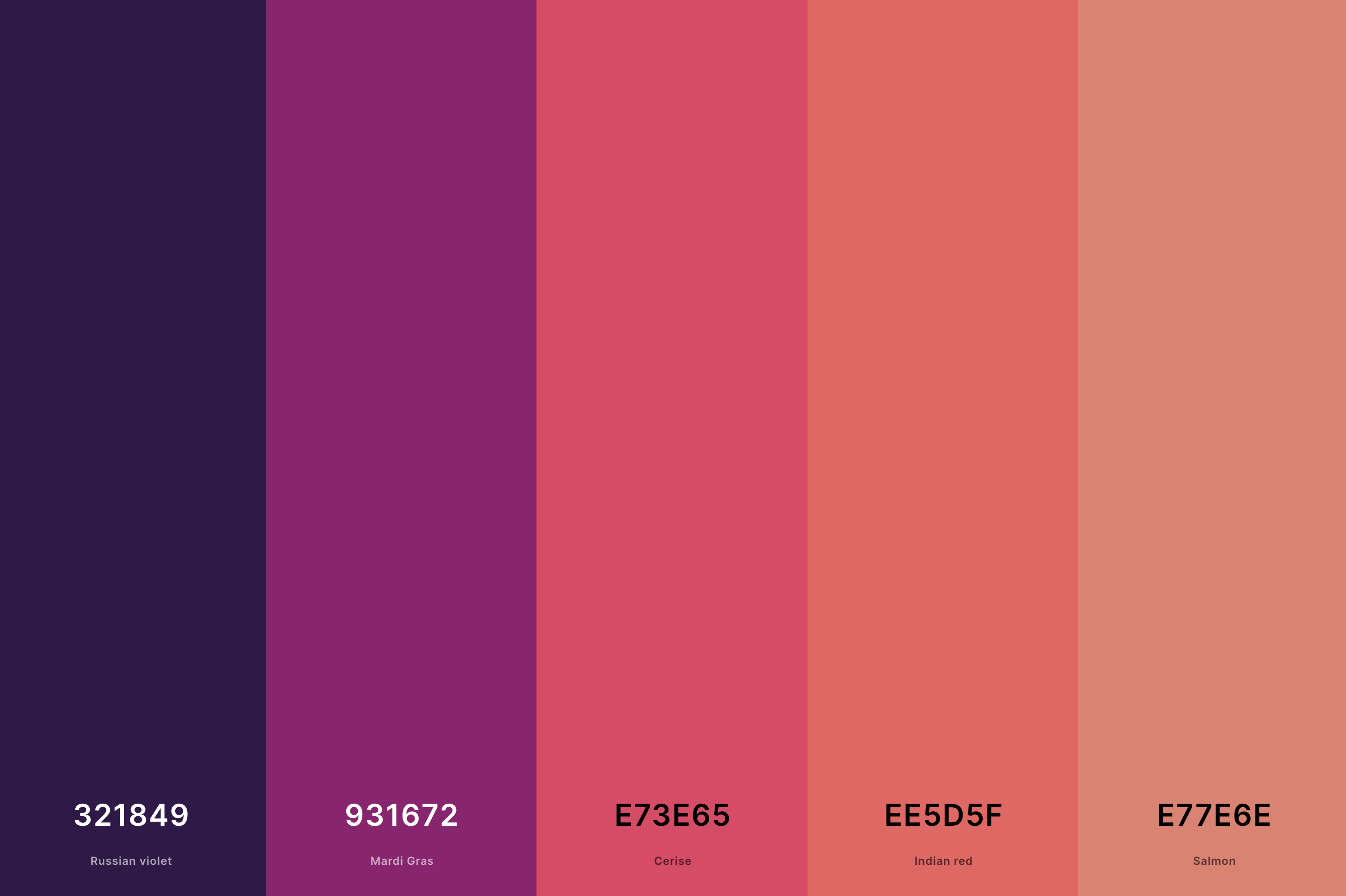 24. Warm Sunset Color Palette Color Palette with Russian Violet (Hex #321849) + Mardi Gras (Hex #931672) + Cerise (Hex #E73E65) + Indian Red (Hex #EE5D5F) + Salmon (Hex #E77E6E) Color Palette with Hex Codes