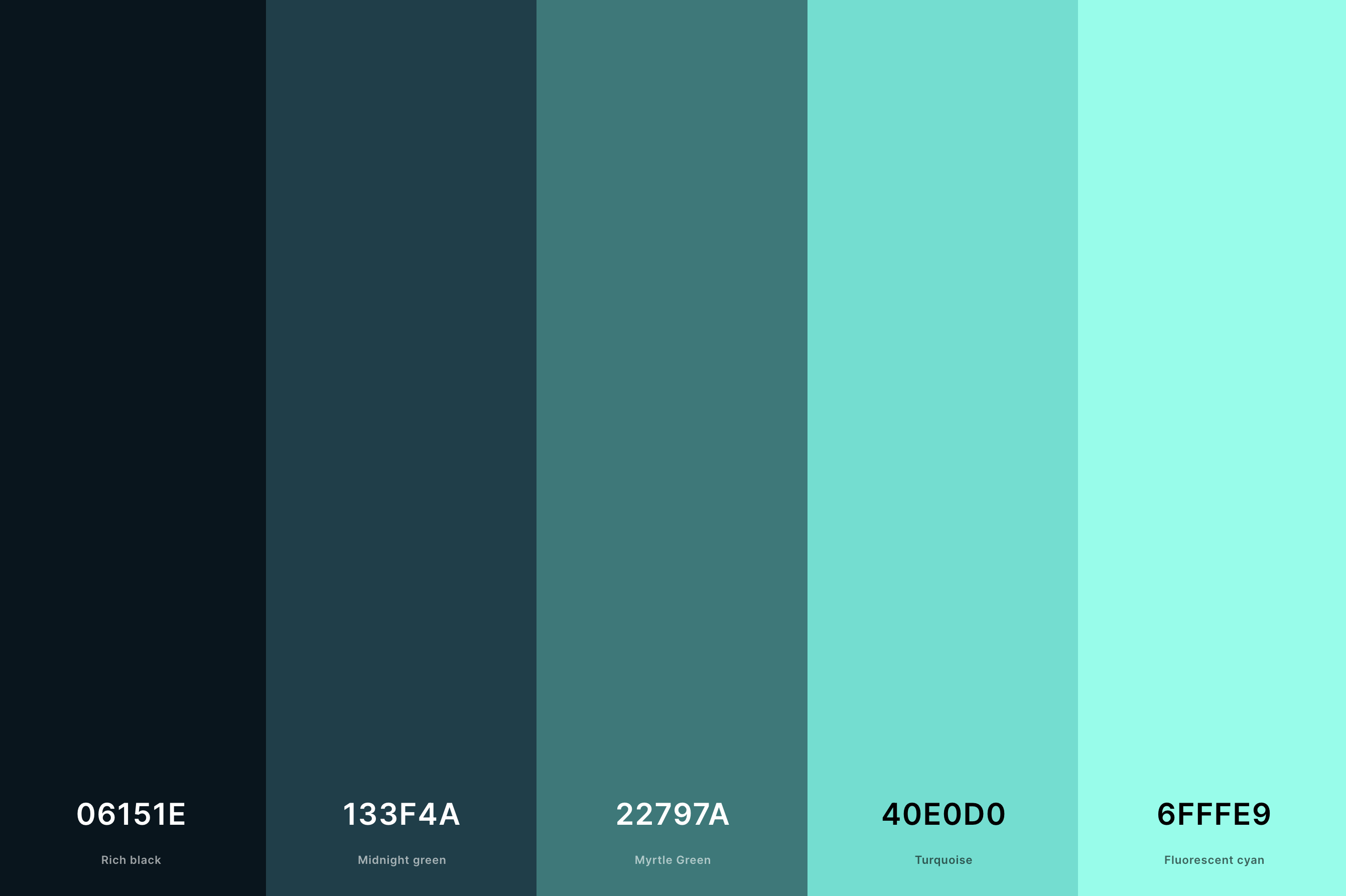 25. Black And Turquoise Color Palette Color Palette with Rich Black (Hex #06151E) + Midnight Green (Hex #133F4A) + Myrtle Green (Hex #22797A) + Turquoise (Hex #40E0D0) + Fluorescent Cyan (Hex #6FFFE9) Color Palette with Hex Codes