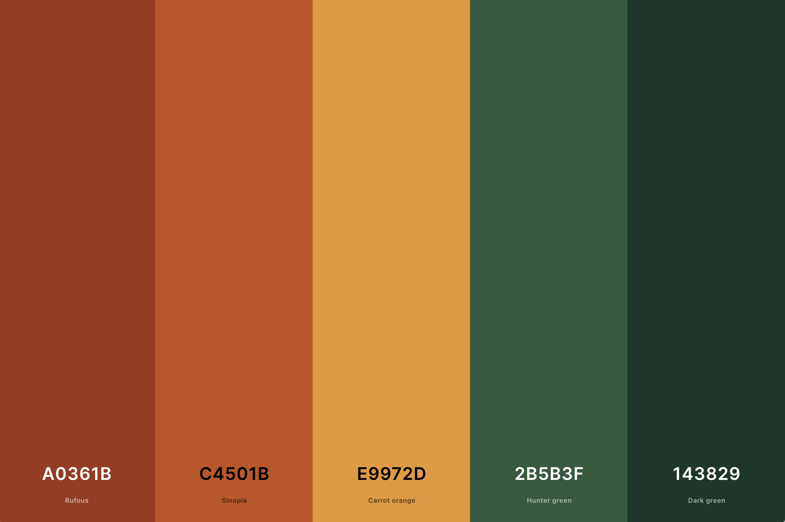 25. Burnt Orange And Green Color Palette Color Palette with Rufous (Hex #A0361B) + Sinopia (Hex #C4501B) + Carrot Orange (Hex #E9972D) + Hunter Green (Hex #2B5B3F) + Dark Green (Hex #143829) Color Palette with Hex Codes