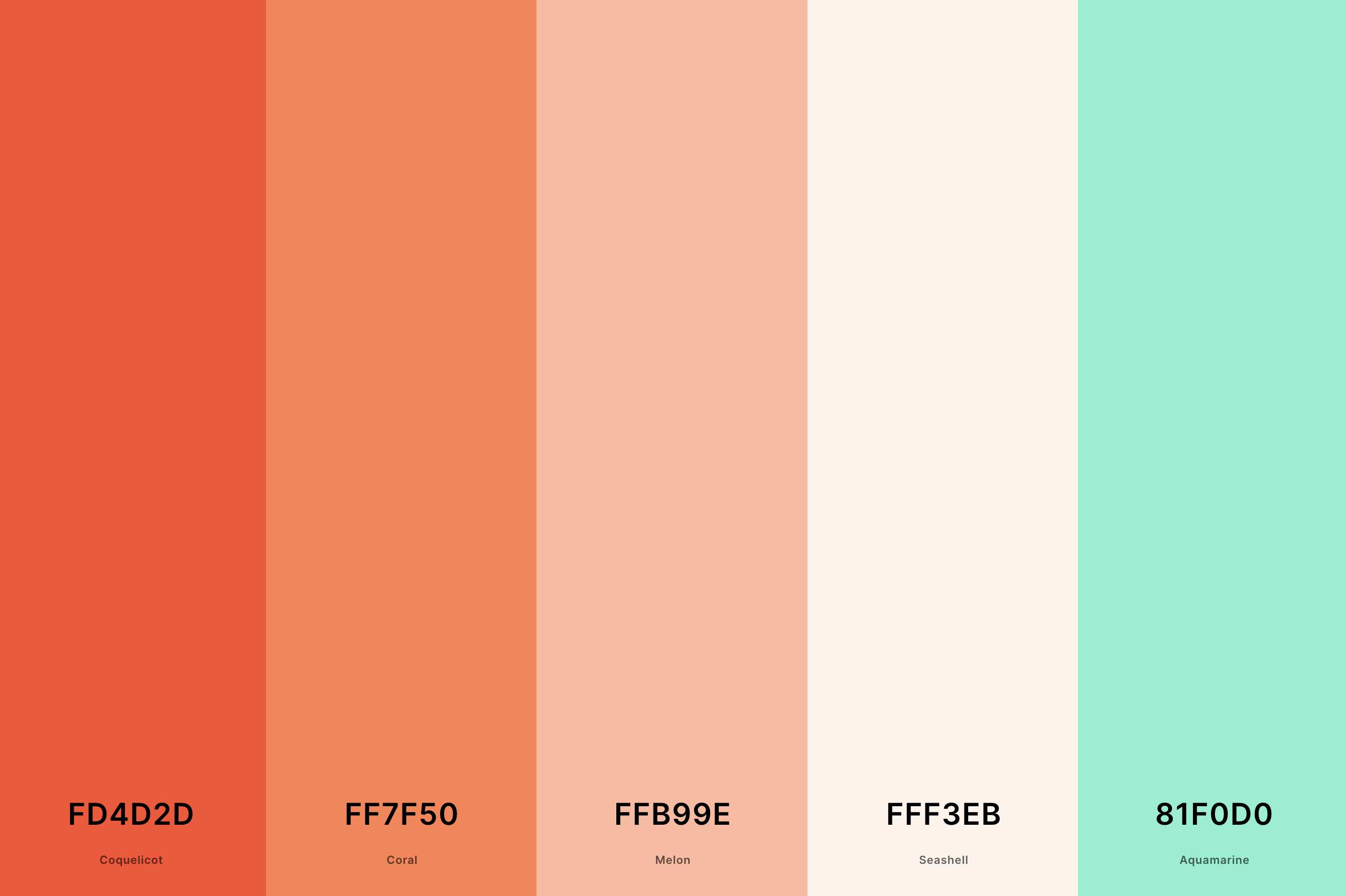 25. Coral And White Color Palette Color Palette with Coquelicot (Hex #FD4D2D) + Coral (Hex #FF7F50) + Melon (Hex #FFB99E) + Seashell (Hex #FFF3EB) + Aquamarine (Hex #81F0D0) Color Palette with Hex Codes