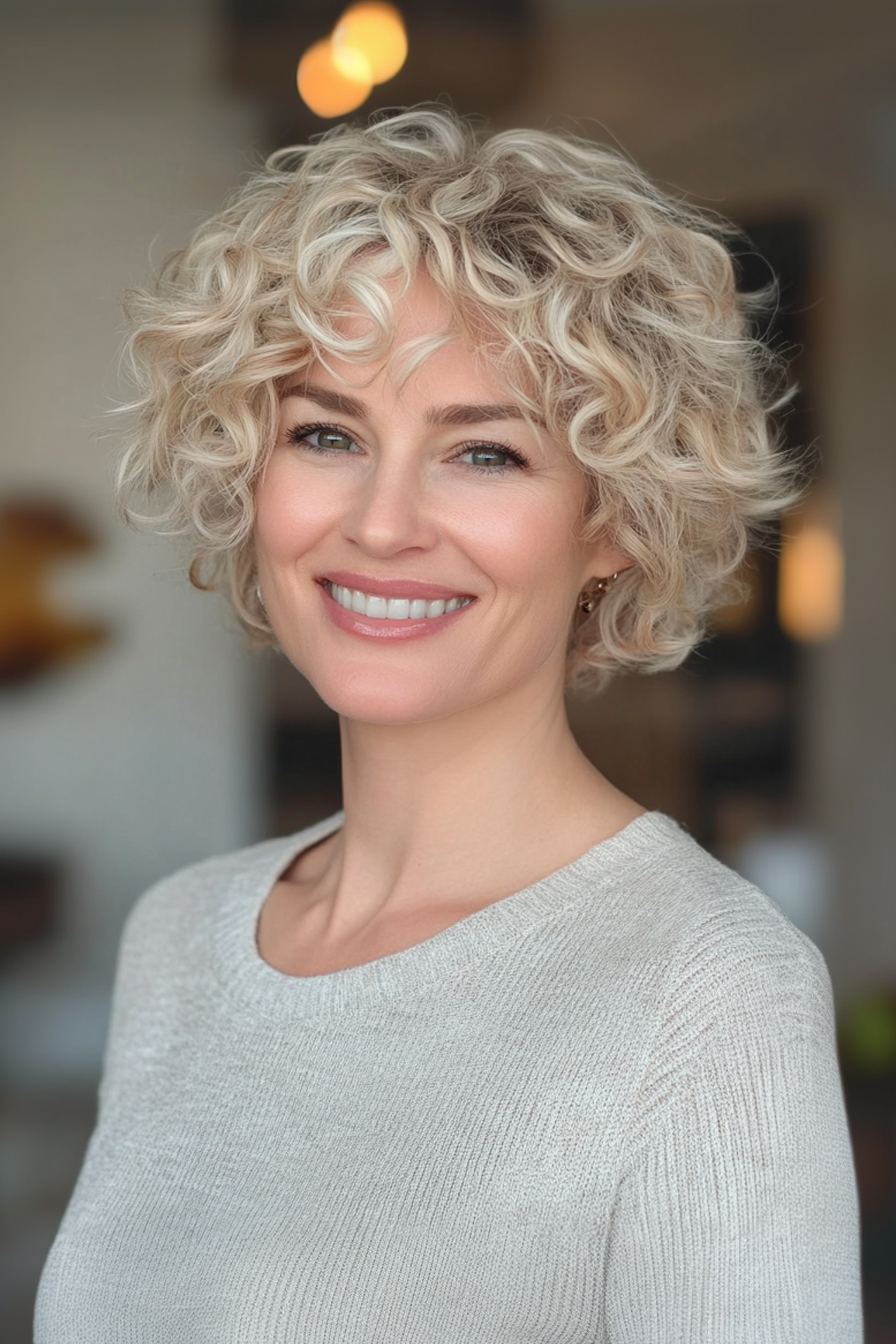 25. Curly Pixie in Soft Champagne Blonde (Modern Hairstyles For Women Over 50) - Modern Hairstyles For Women Over 50