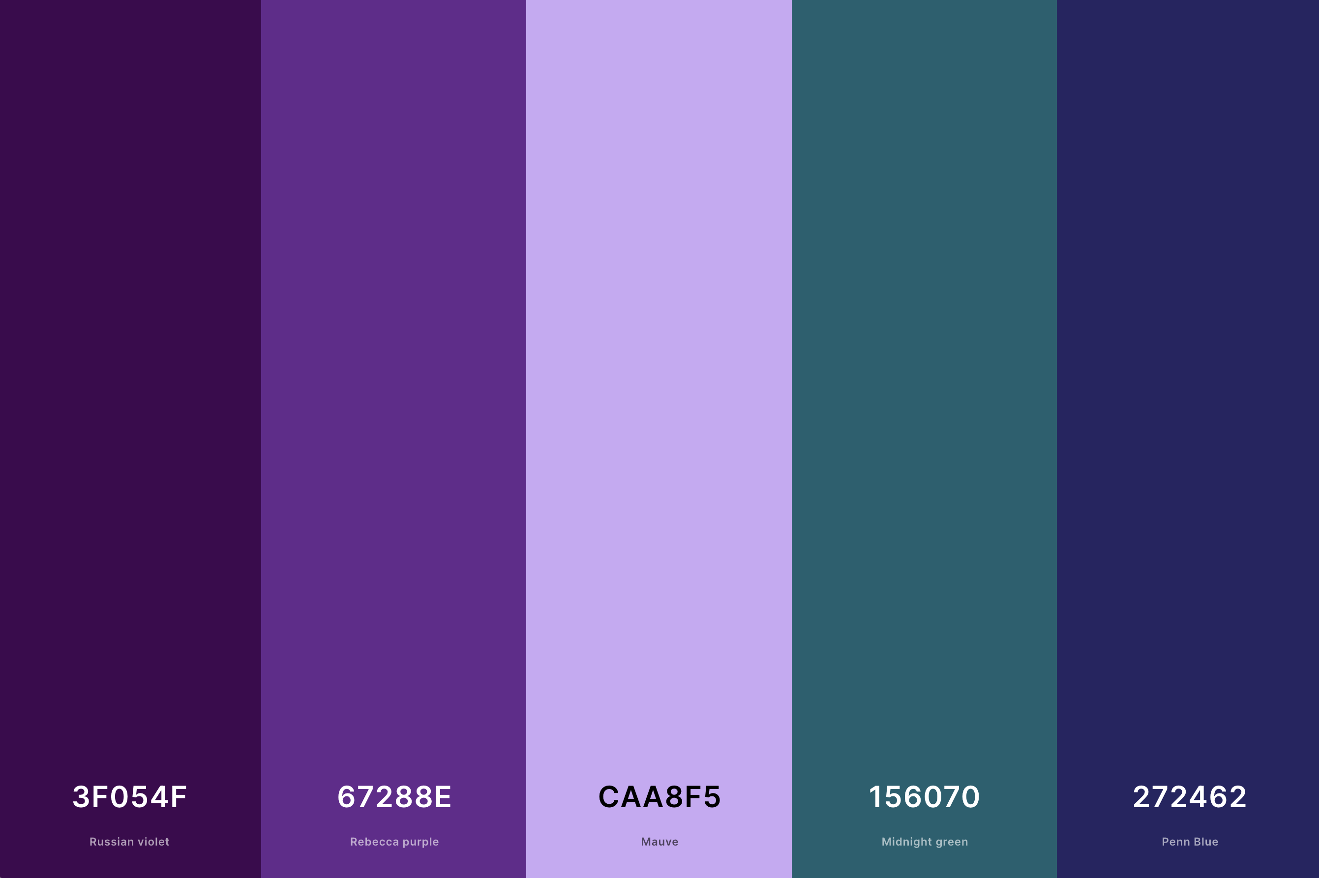 25. Deep Purple Color Palette Color Palette with Russian Violet (Hex #3F054F) + Rebecca Purple (Hex #67288E) + Mauve (Hex #CAA8F5) + Midnight Green (Hex #156070) + Penn Blue (Hex #272462) Color Palette with Hex Codes