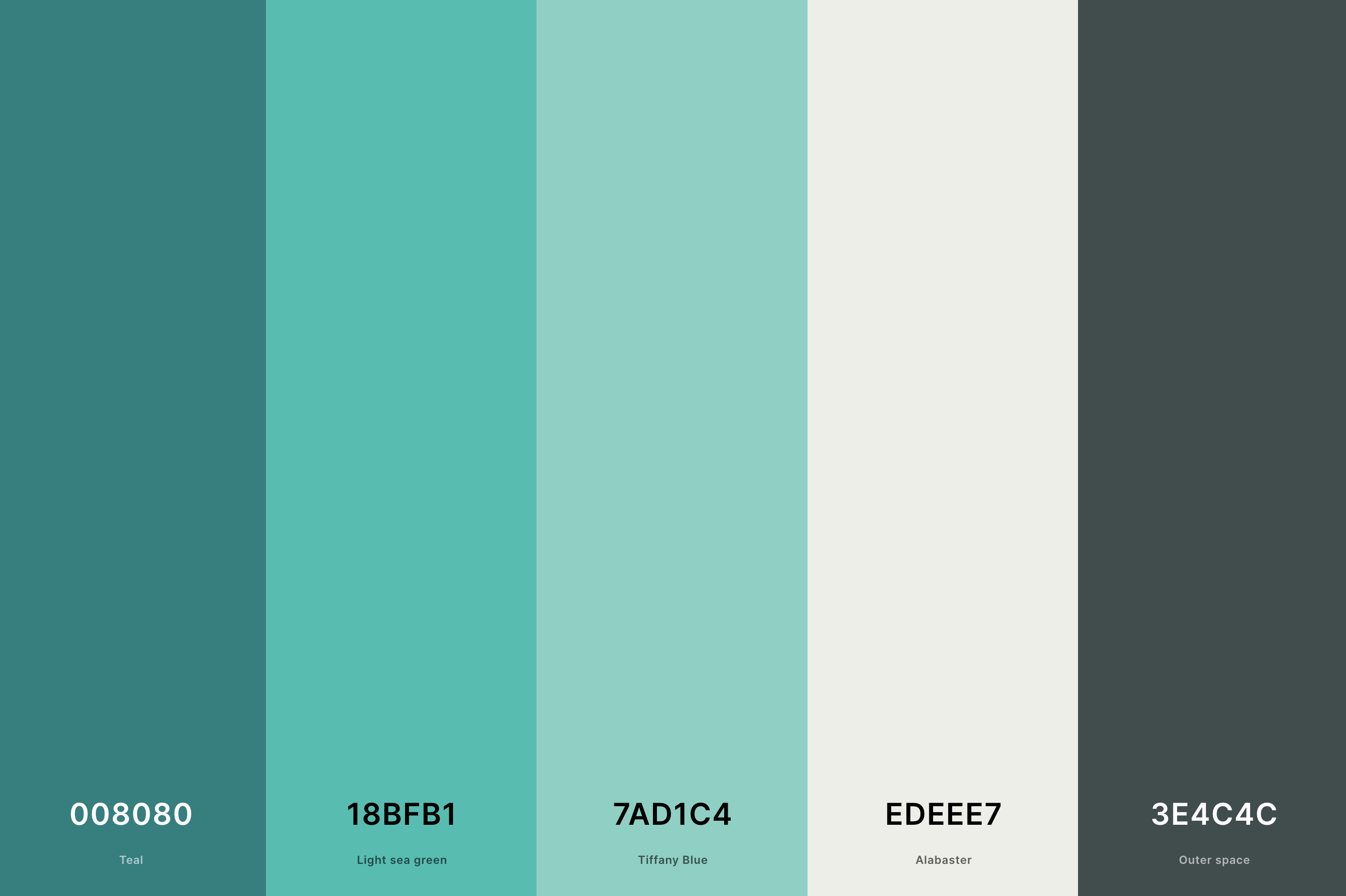 25. Gray And Teal Color Palette Color Palette with Teal (Hex #008080) + Light Sea Green (Hex #18BFB1) + Tiffany Blue (Hex #7AD1C4) + Alabaster (Hex #EDEEE7) + Outer Space (Hex #3E4C4C) Color Palette with Hex Codes