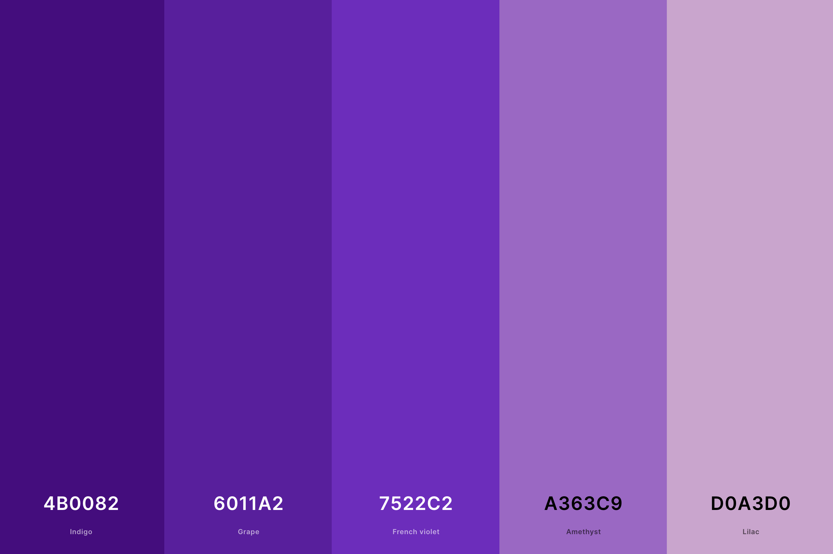 25. Indigo Lilac Color Palette Color Palette with Indigo (Hex #4B0082) + Grape (Hex #6011A2) + French Violet (Hex #7522C2) + Amethyst (Hex #A363C9) + Lilac (Hex #D0A3D0) Color Palette with Hex Codes