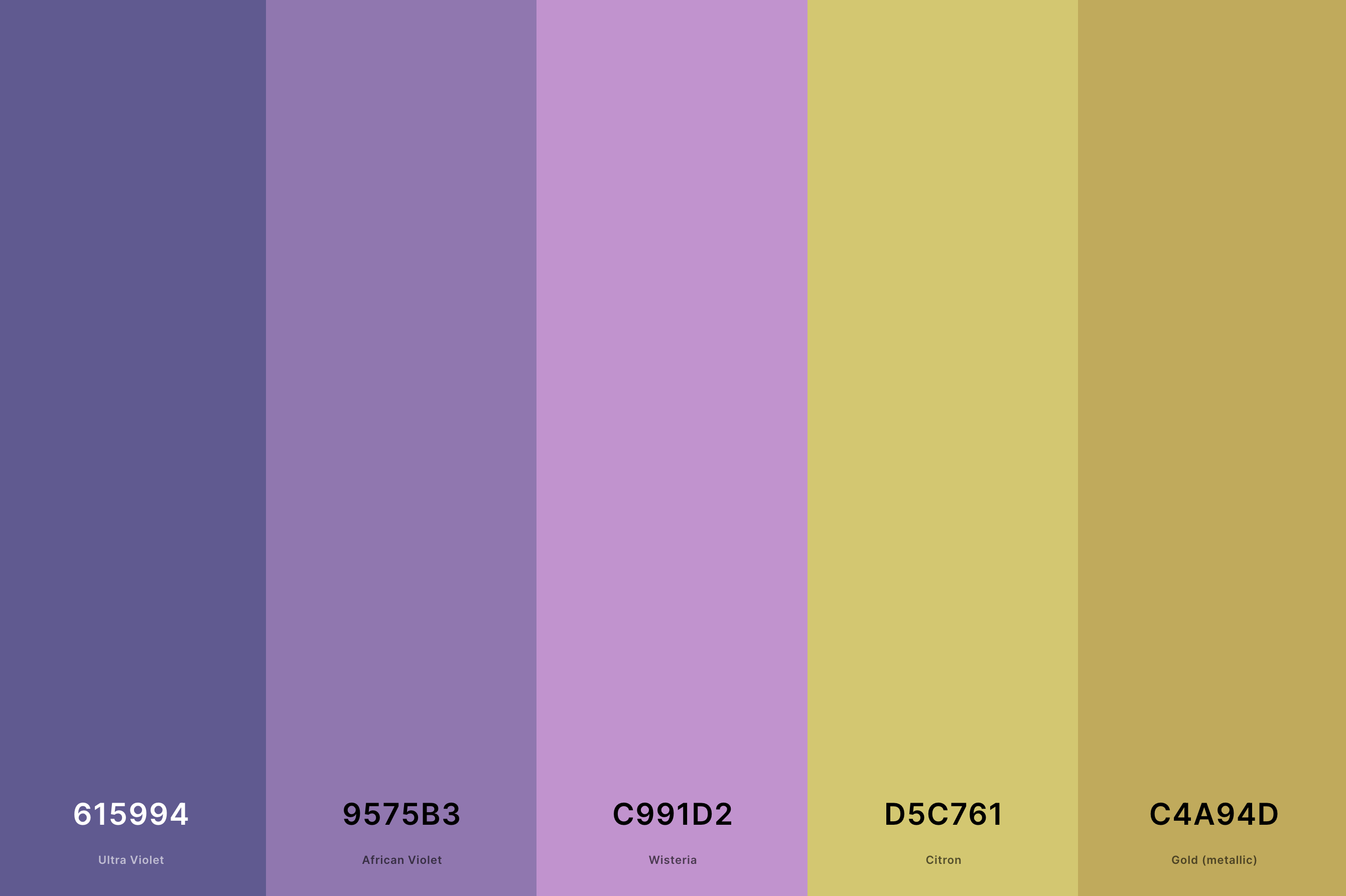 25. Lavender And Gold Color Palette Color Palette with Ultra Violet (Hex #615994) + African Violet (Hex #9575B3) + Wisteria (Hex #C991D2) + Citron (Hex #D5C761) + Gold (Metallic) (Hex #C4A94D) Color Palette with Hex Codes