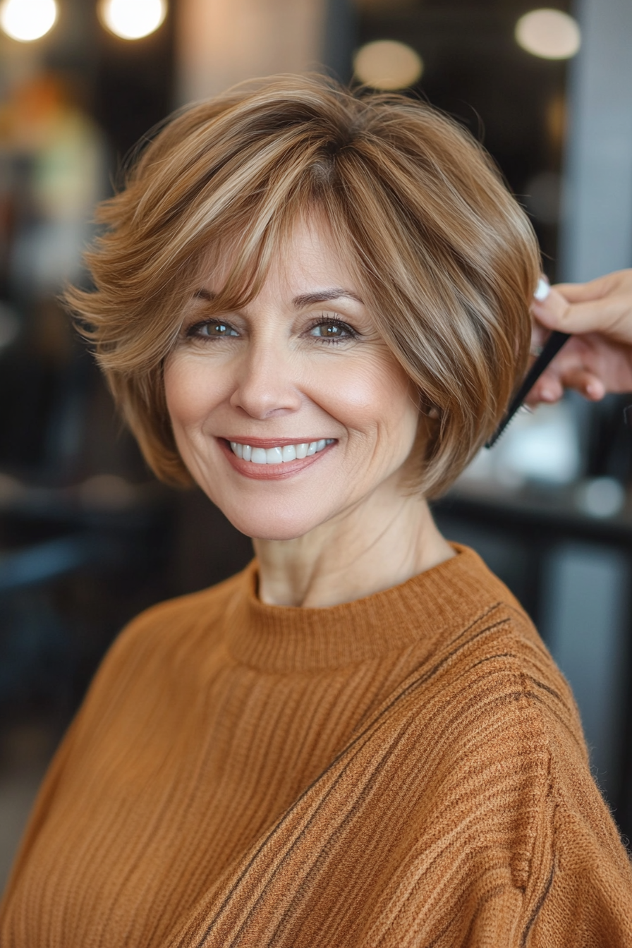 25. Long Bob with Soft Layers in Bronze Highlights (Bob Hairstyles For Older Women) - Short Hairstyles For Older Women With Thin Hair