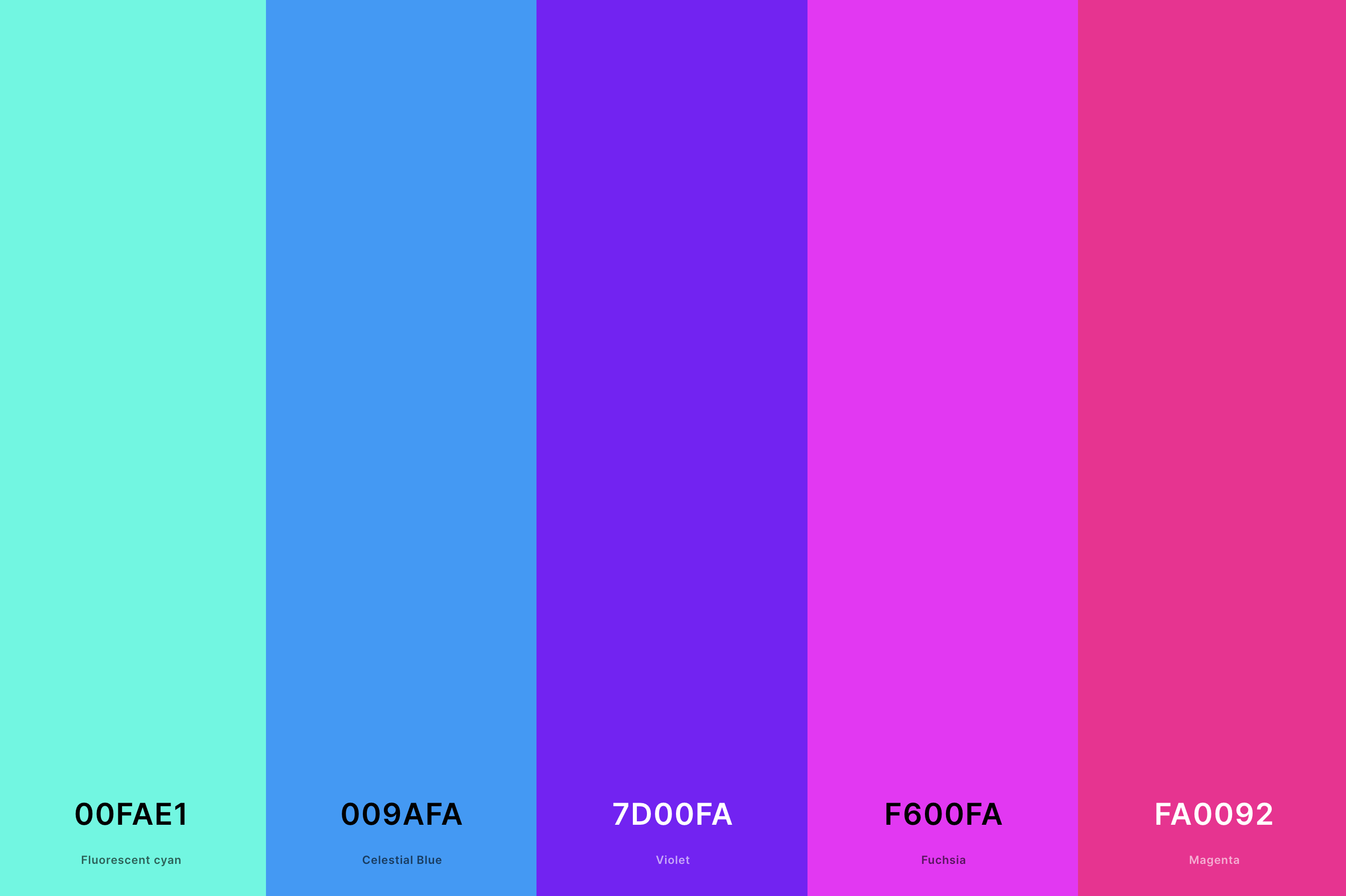 25. Neon Turquoise Color Palette Color Palette with Fluorescent Cyan (Hex #00FAE1) + Celestial Blue (Hex #009AFA) + Violet (Hex #7D00FA) + Fuchsia (Hex #F600FA) + Magenta (Hex #FA0092) Color Palette with Hex Codes