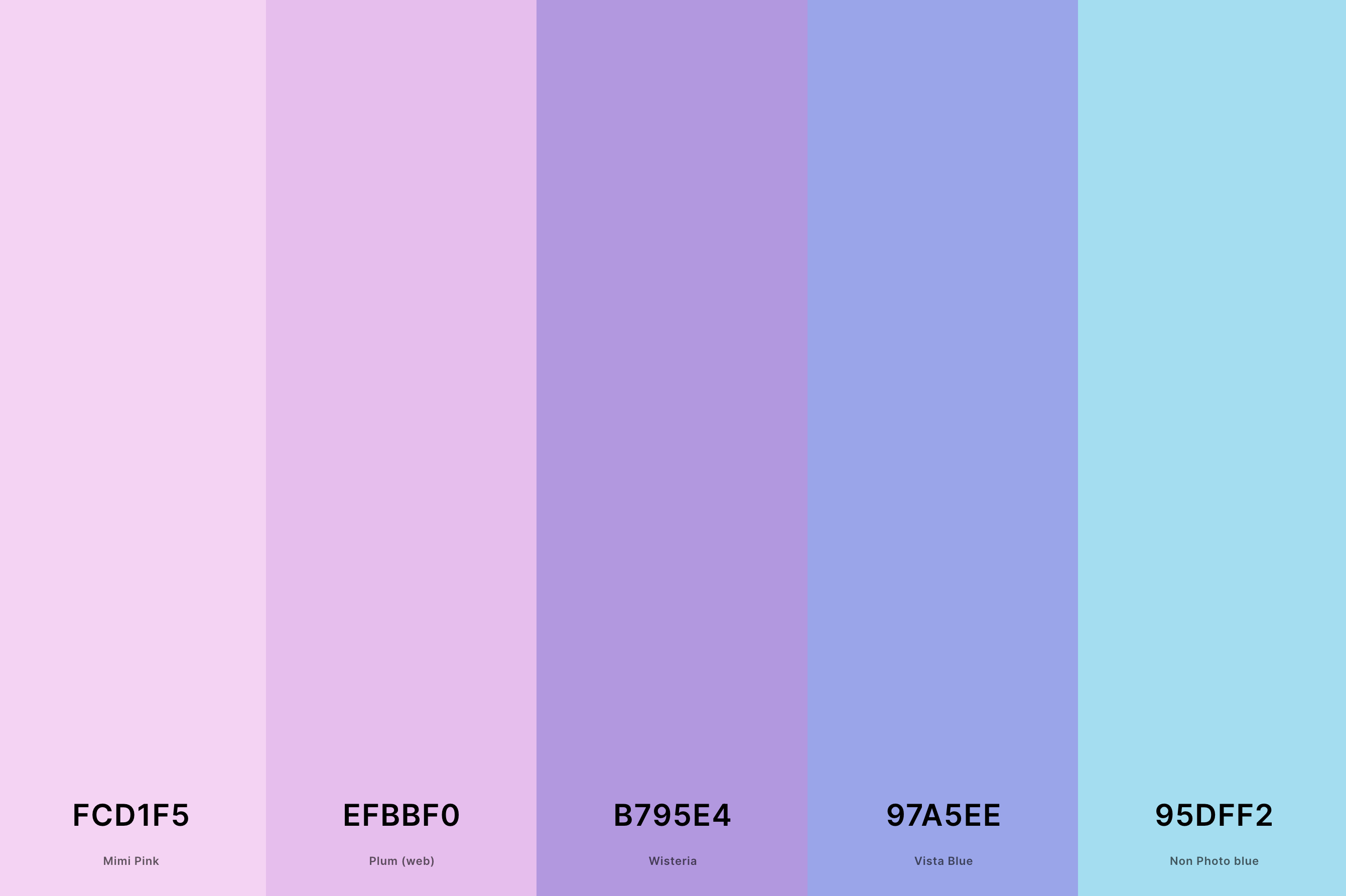 25. Pastel Pink And Blue Color Palette Color Palette with Mimi Pink (Hex #FCD1F5) + Plum (Web) (Hex #EFBBF0) + Wisteria (Hex #B795E4) + Vista Blue (Hex #97A5EE) + Non Photo Blue (Hex #95DFF2) Color Palette with Hex Codes