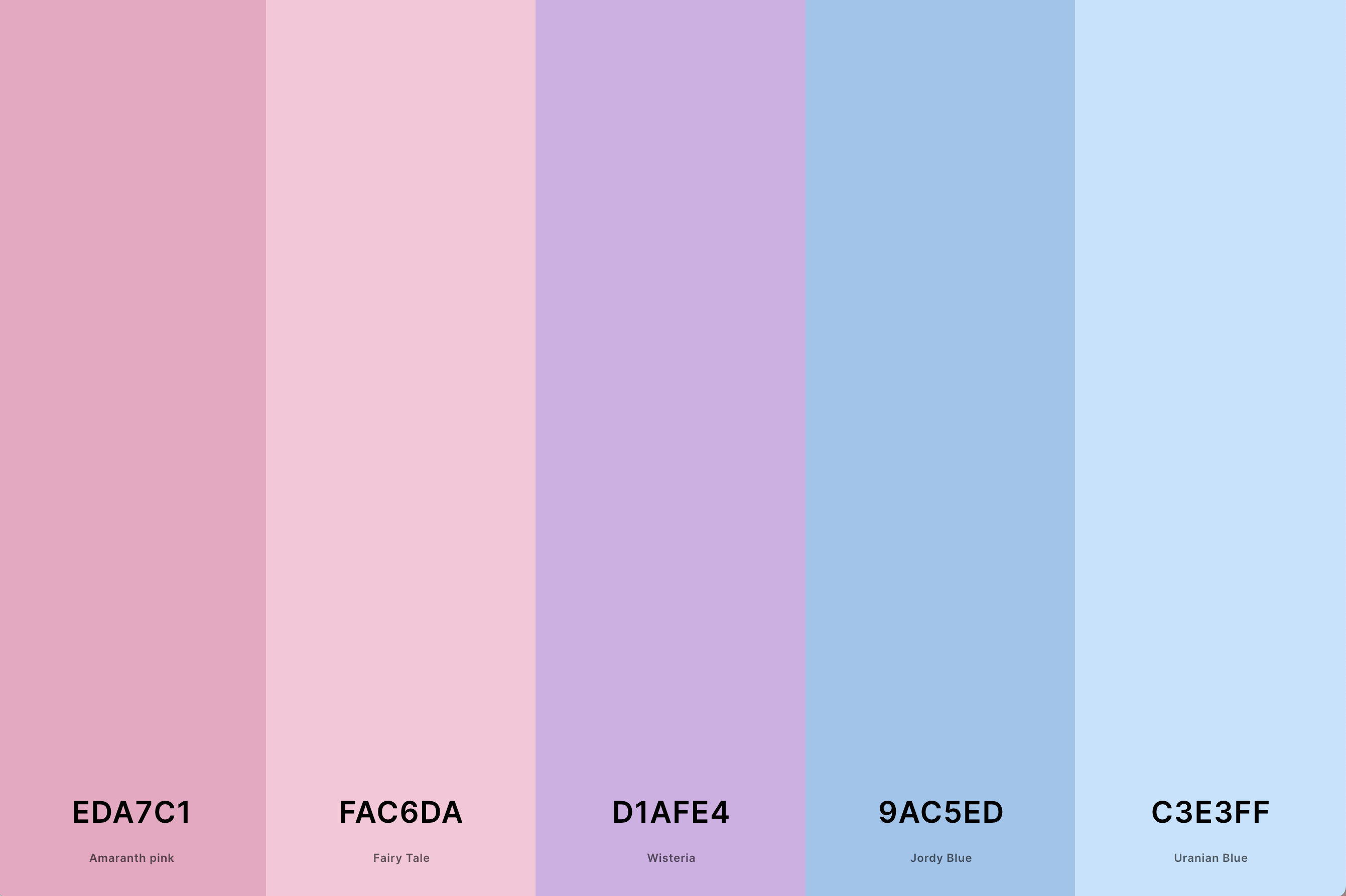 25. Pink Wedding Color Palette Color Palette with Amaranth Pink (Hex #EDA7C1) + Fairy Tale (Hex #FAC6DA) + Wisteria (Hex #D1AFE4) + Jordy Blue (Hex #9AC5ED) + Uranian Blue (Hex #C3E3FF) Color Palette with Hex Codes