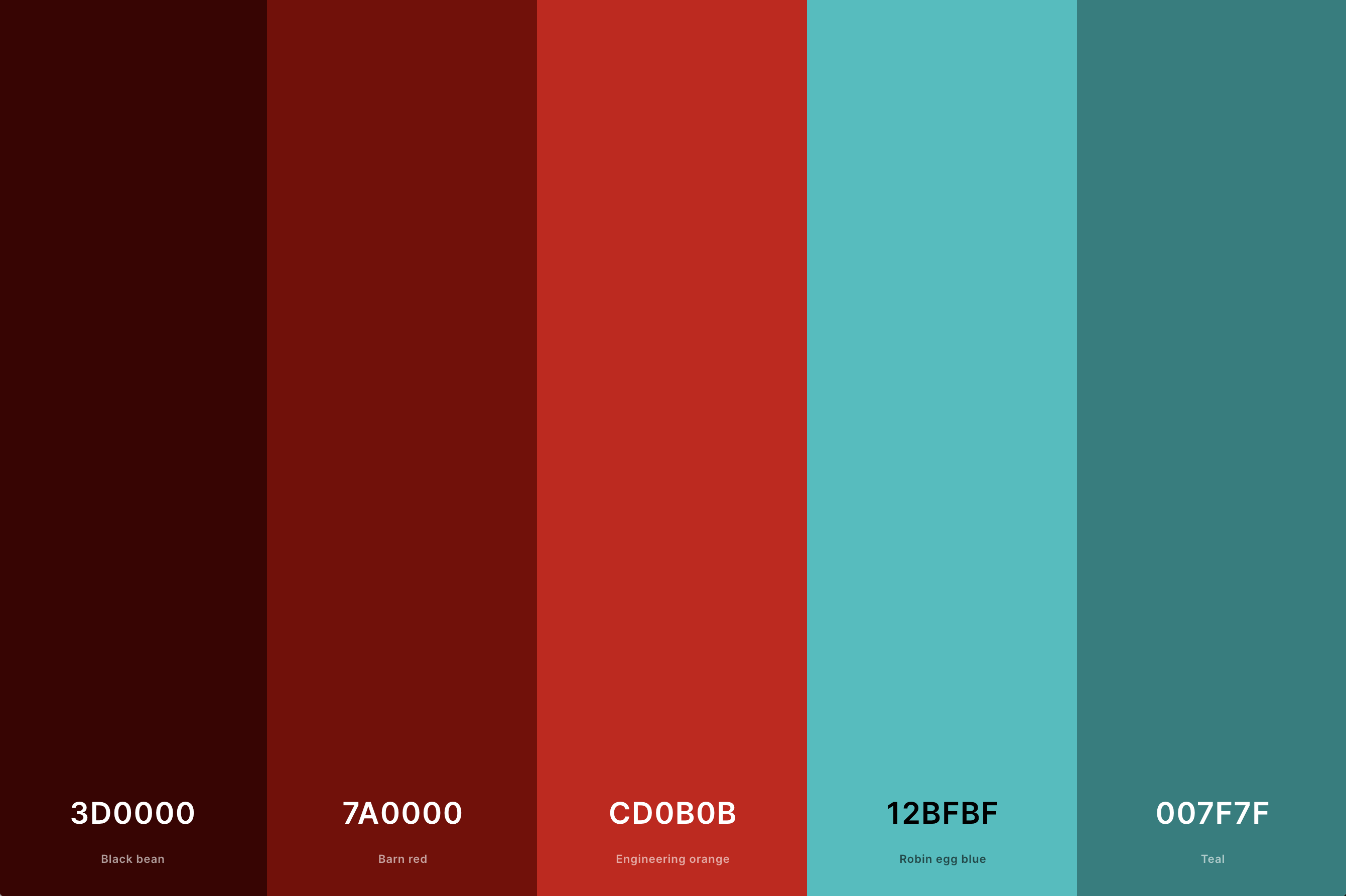 25. Red And Teal Color Palette Color Palette with Black Bean (Hex #3D0000) + Barn Red (Hex #7A0000) + Engineering Orange (Hex #CD0B0B) + Robin Egg Blue (Hex #12BFBF) + Teal (Hex #007F7F) Color Palette with Hex Codes