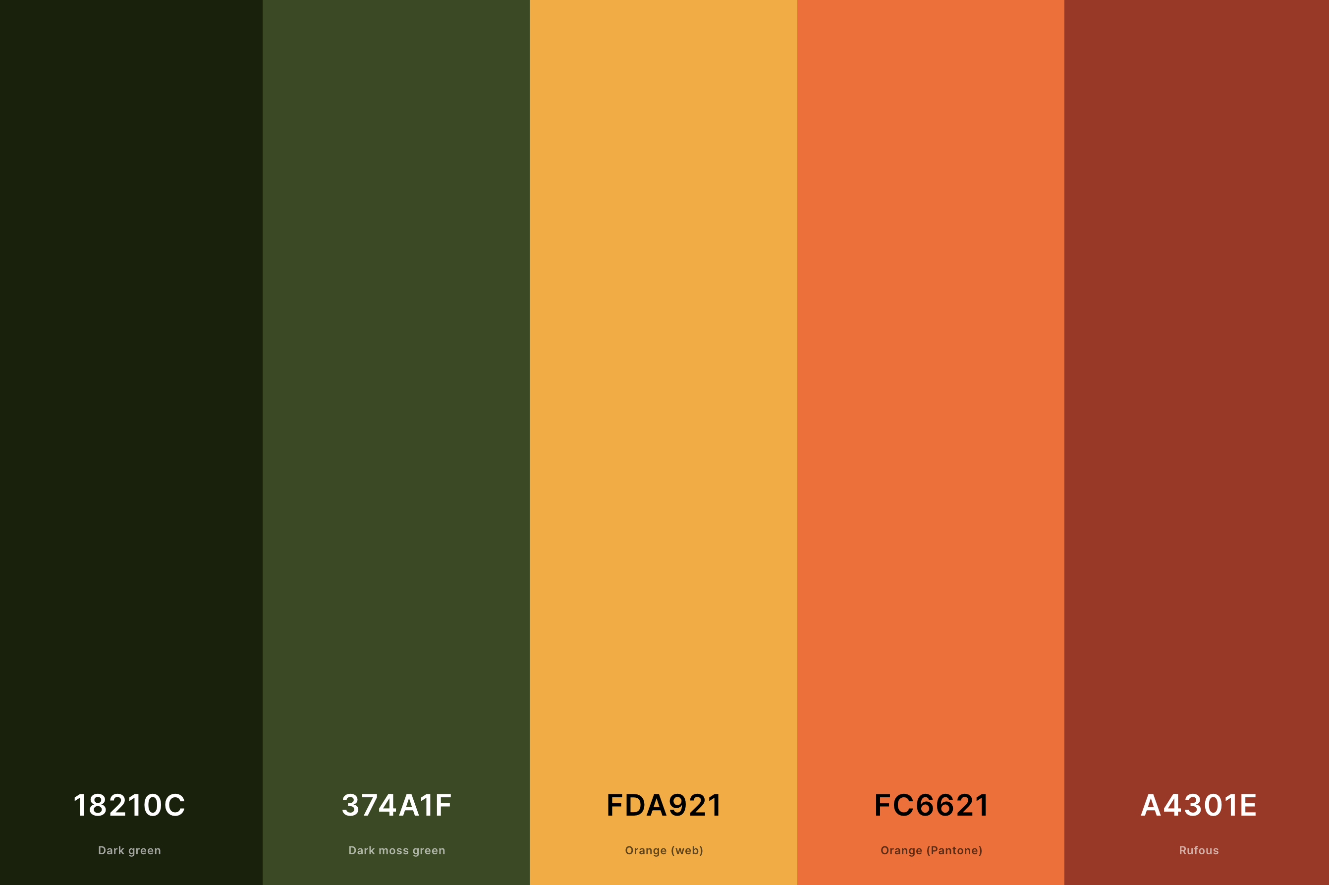 25. Retro Fall Color Palette Color Palette with Dark Green (Hex #18210C) + Dark Moss Green (Hex #374A1F) + Orange (Web) (Hex #FDA921) + Orange (Pantone) (Hex #FC6621) + Rufous (Hex #A4301E) Color Palette with Hex Codes