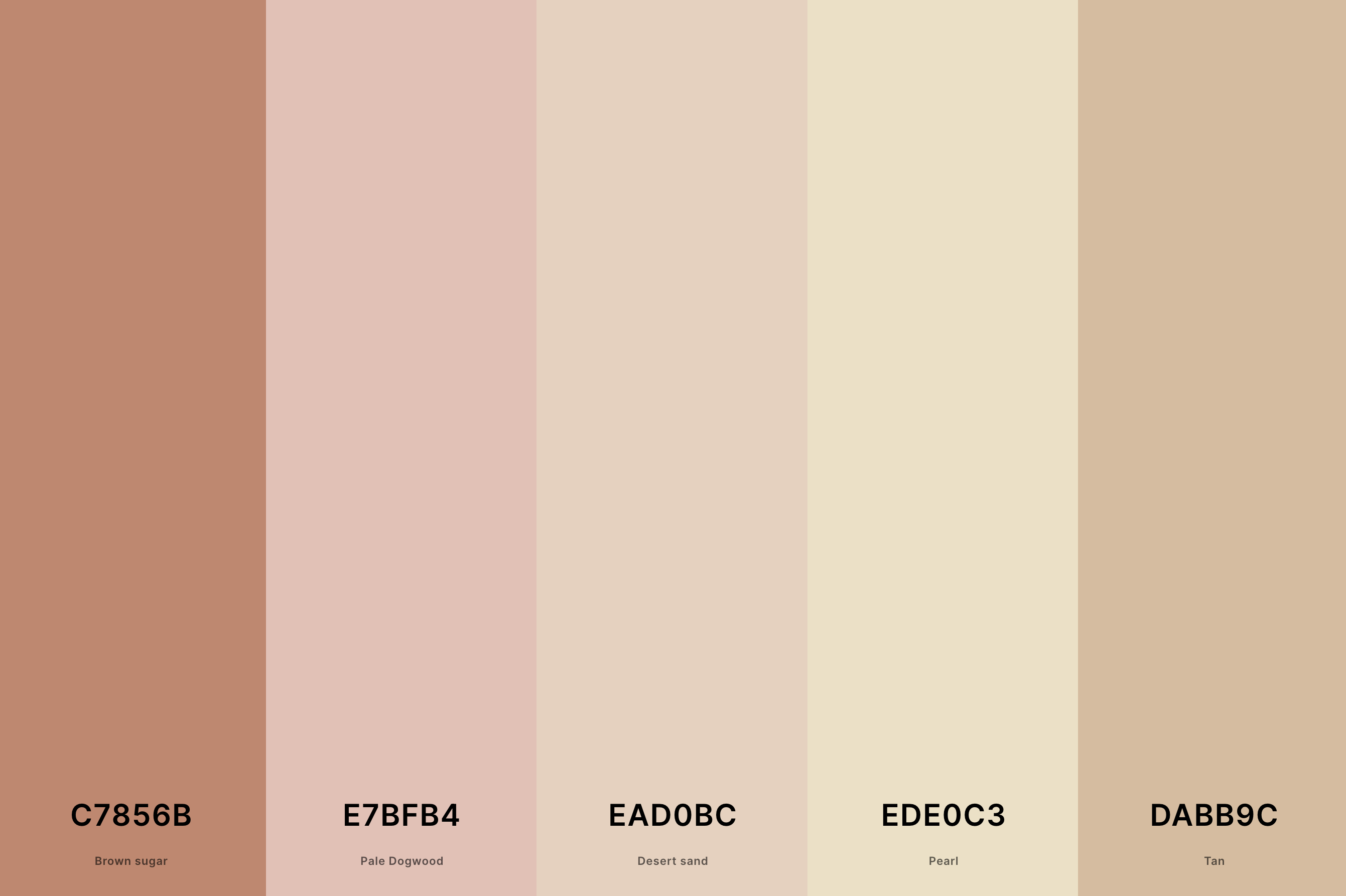 25. Rose Gold Wedding Color Palette Color Palette with Brown Sugar (Hex #C7856B) + Pale Dogwood (Hex #E7BFB4) + Desert Sand (Hex #EAD0BC) + Pearl (Hex #EDE0C3) + Tan (Hex #DABB9C) Color Palette with Hex Codes