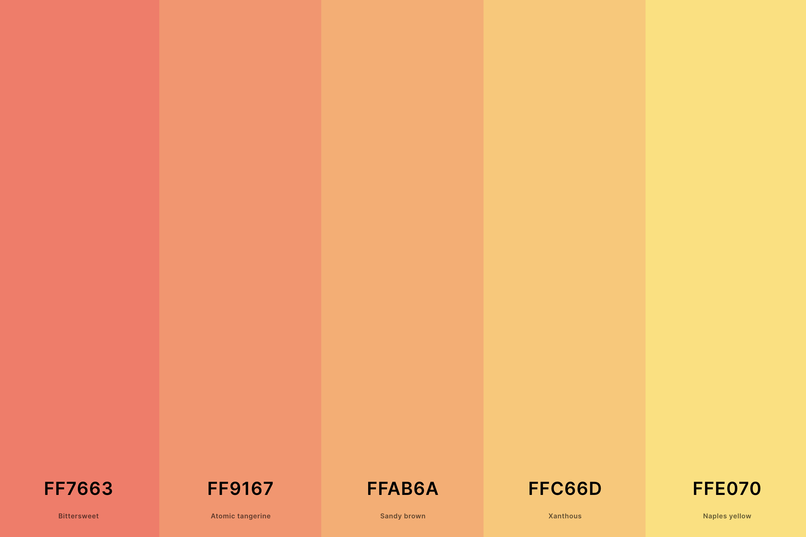 25. Soft Sunset Color Palette Color Palette with Bittersweet (Hex #FF7663) + Atomic Tangerine (Hex #FF9167) + Sandy Brown (Hex #FFAB6A) + Xanthous (Hex #FFC66D) + Naples Yellow (Hex #FFE070) Color Palette with Hex Codes