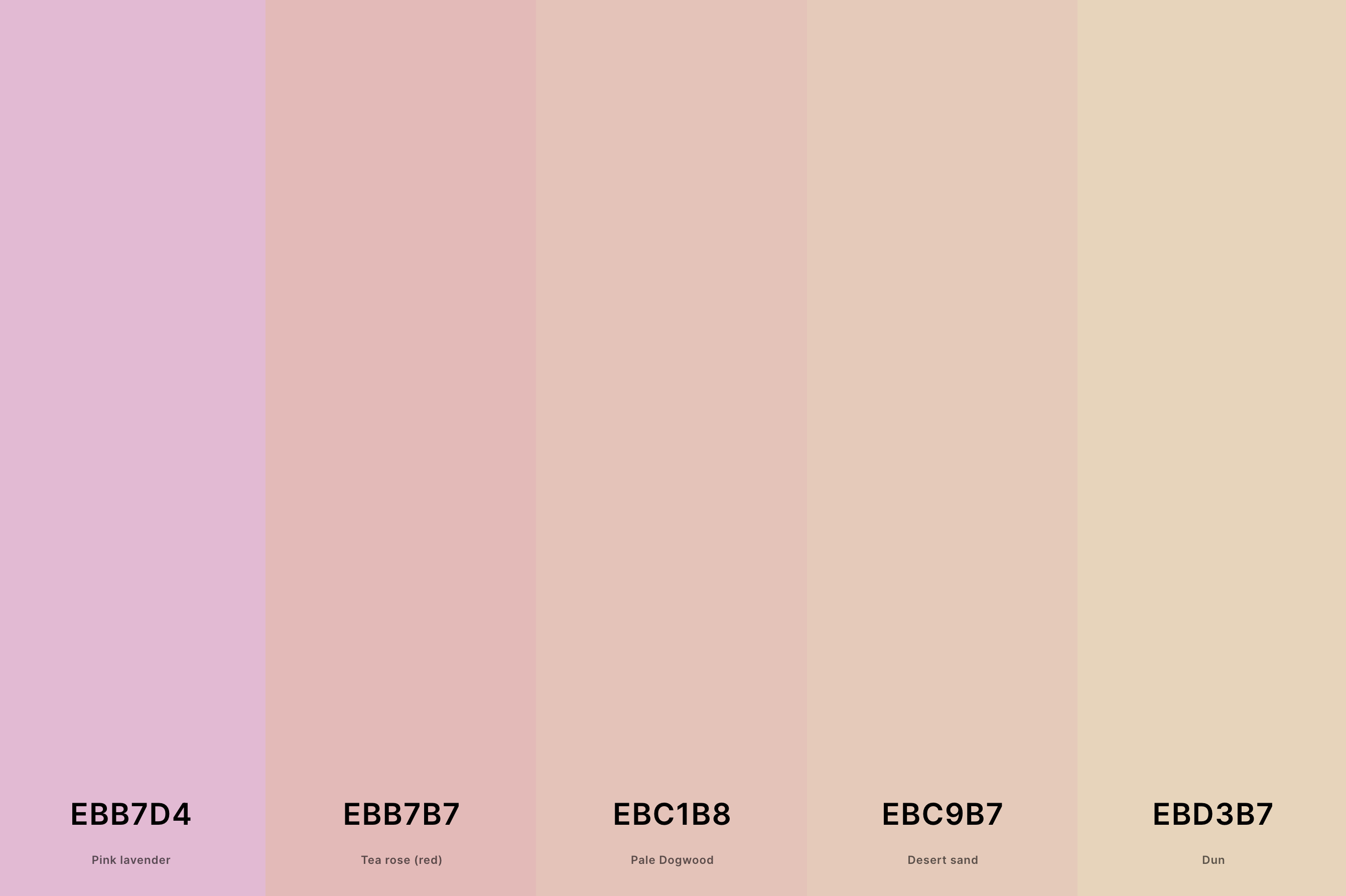 25. Tan Blush Color Palette Color Palette with Pink Lavender (Hex #EBB7D4) + Tea Rose (Red) (Hex #EBB7B7) + Pale Dogwood (Hex #EBC1B8) + Desert Sand (Hex #EBC9B7) + Dun (Hex #EBD3B7) Color Palette with Hex Codes