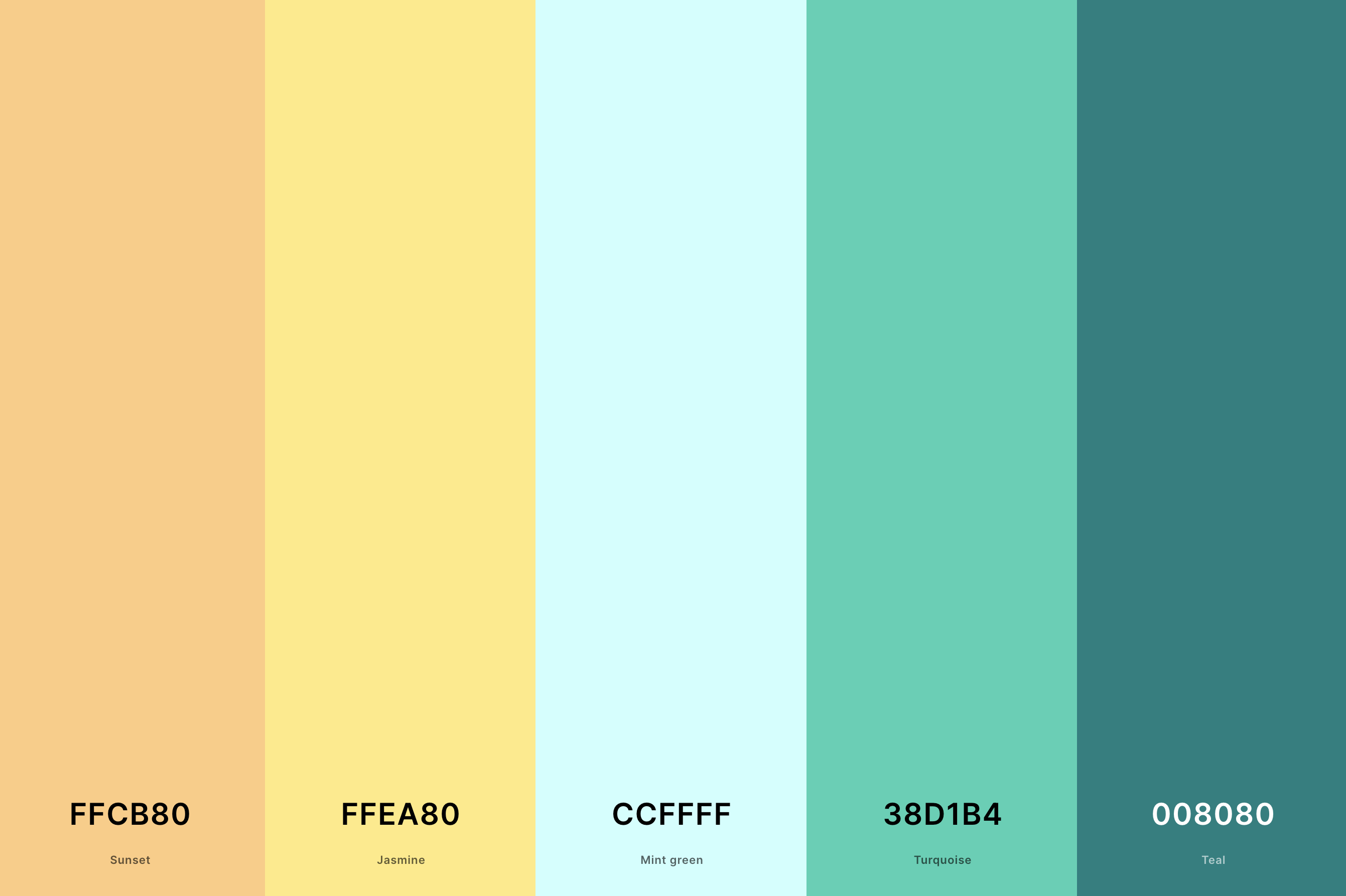25. Teal And Yellow Color Palette Color Palette with Sunset (Hex #FFCB80) + Jasmine (Hex #FFEA80) + Mint Green (Hex #CCFFFF) + Turquoise (Hex #38D1B4) + Teal (Hex #008080) Color Palette with Hex Codes