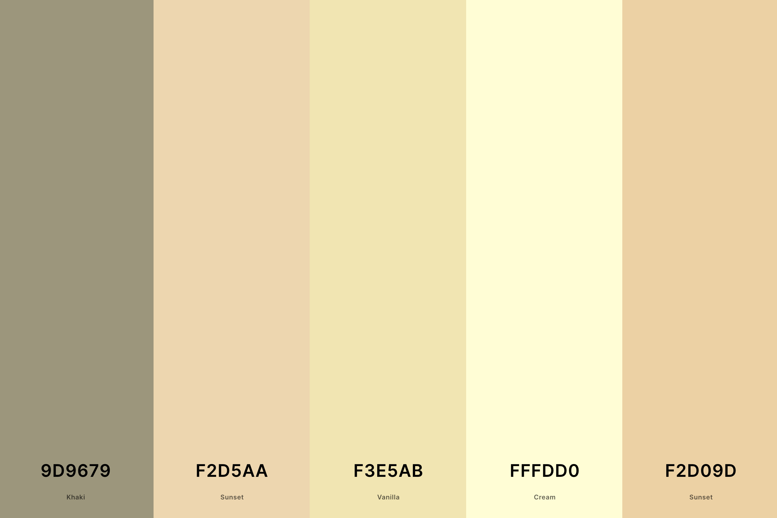 25. Vanilla Cream Color Palette Color Palette with Khaki (Hex #9D9679) + Sunset (Hex #F2D5AA) + Vanilla (Hex #F3E5AB) + Cream (Hex #FFFDD0) + Sunset (Hex #F2D09D) Color Palette with Hex Codes