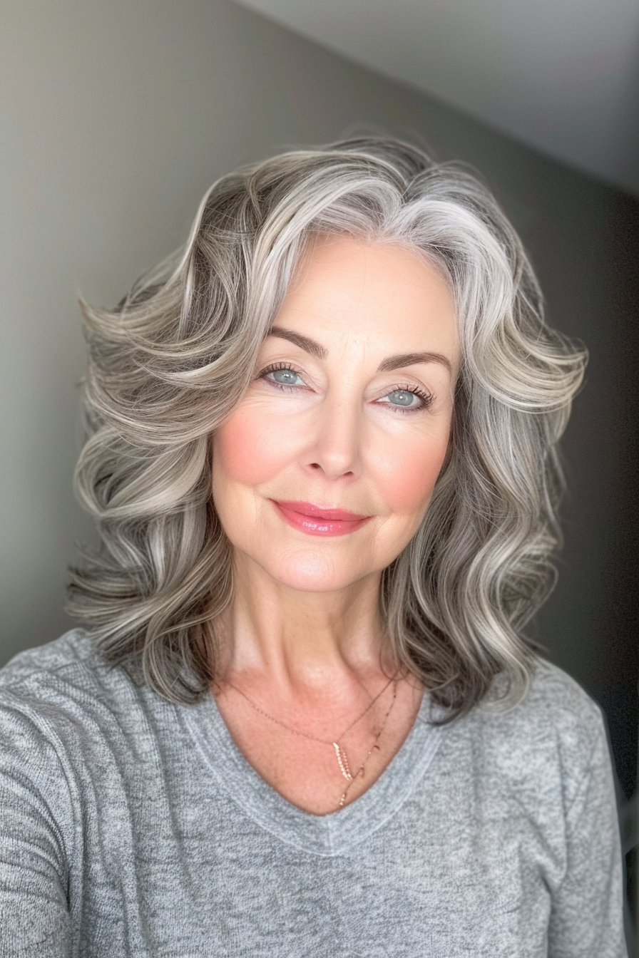 25. Wavy Hair with Curtain Bangs - Medium-Length Hairstyles For Women Over 40 - Medium-Length Hairstyles For Women Over 40