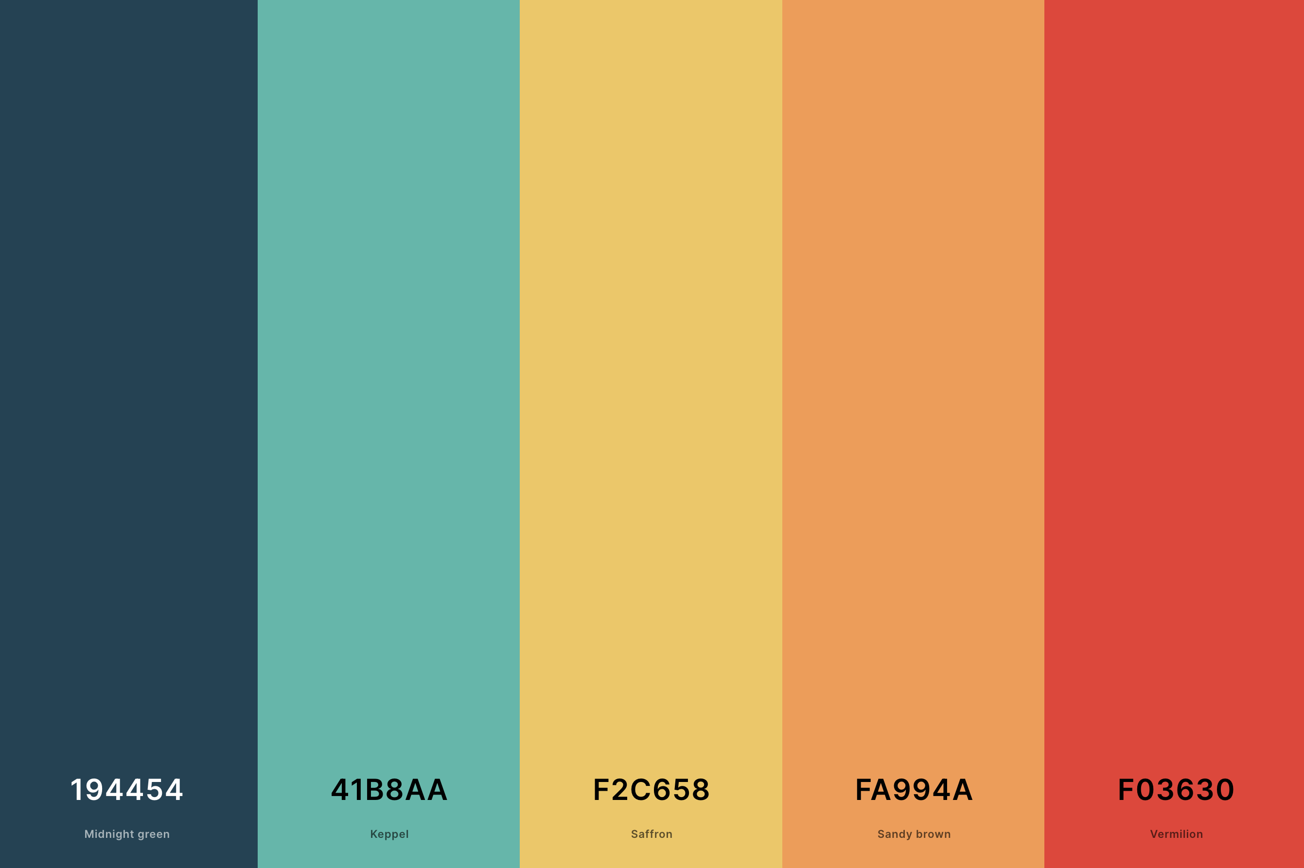26. 70s Retro Sunset Color Palette Color Palette with Midnight Green (Hex #194454) + Keppel (Hex #41B8AA) + Saffron (Hex #F2C658) + Sandy Brown (Hex #FA994A) + Vermilion (Hex #F03630) Color Palette with Hex Codes