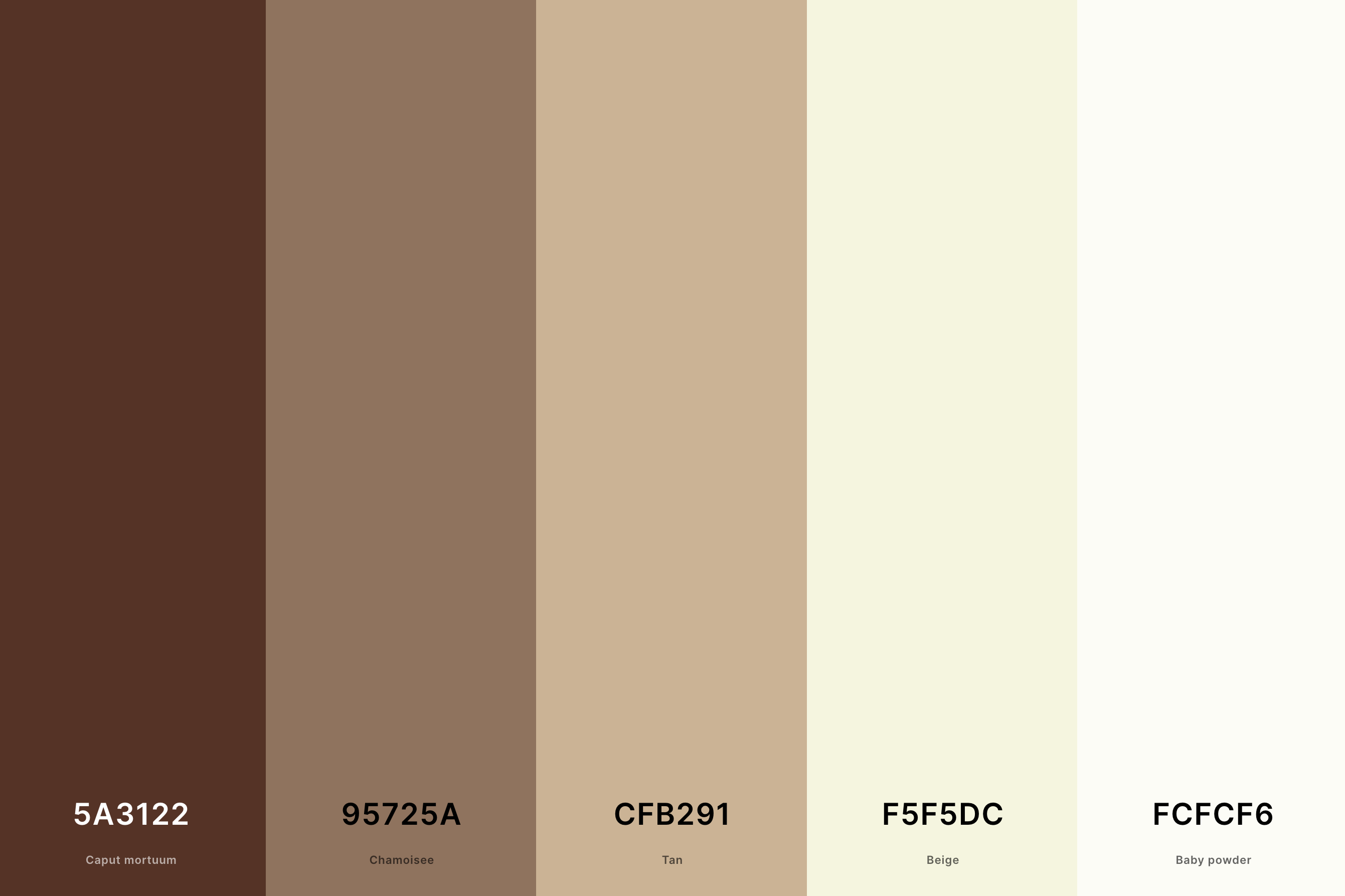 26. Brown, Beige And White Color Palette Color Palette with Caput Mortuum (Hex #5A3122) + Chamoisee (Hex #95725A) + Tan (Hex #CFB291) + Beige (Hex #F5F5DC) + Baby Powder (Hex #FCFCF6) Color Palette with Hex Codes