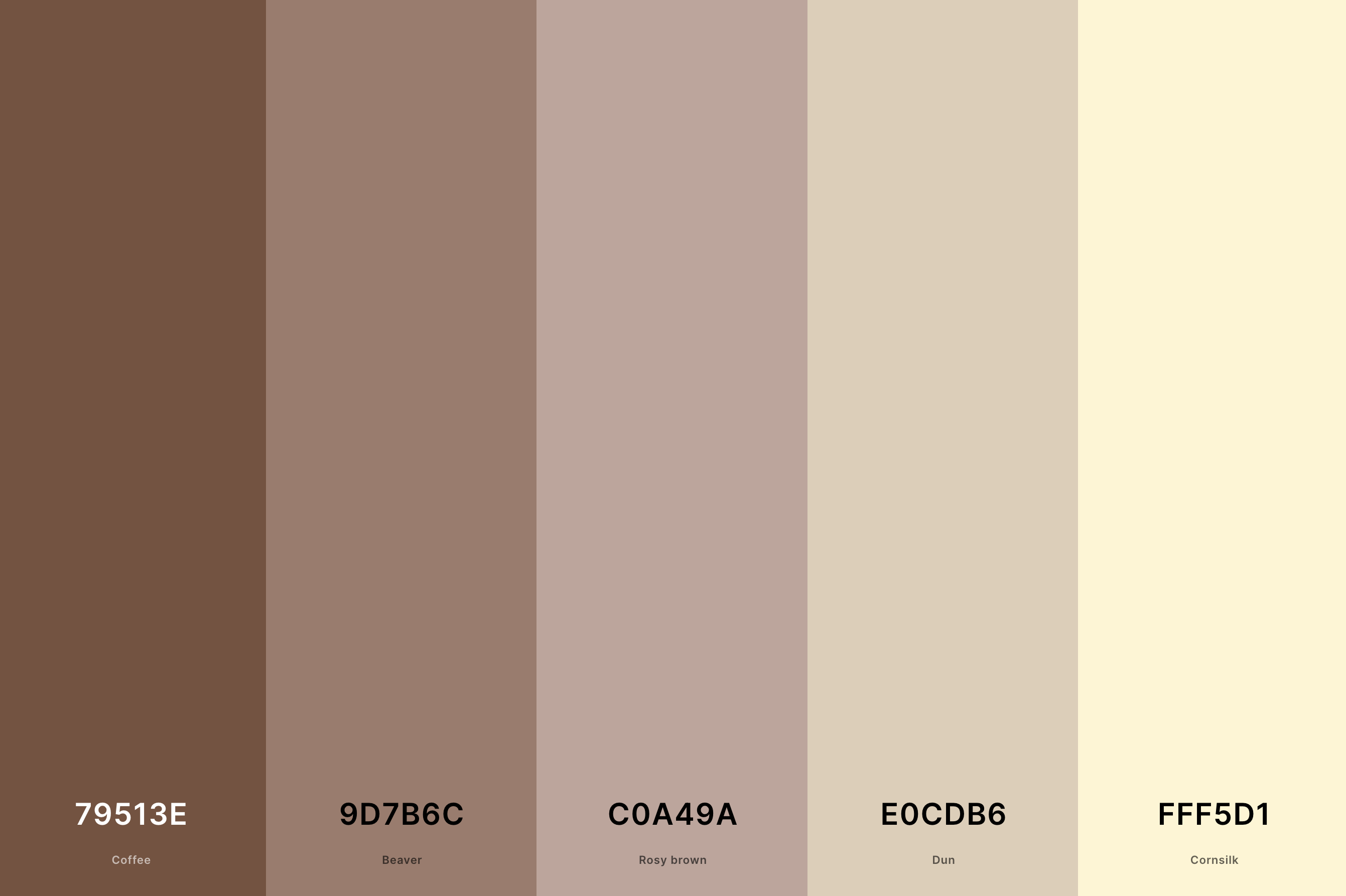 26. Coconut Cream Color Palette Color Palette with Coffee (Hex #79513E) + Beaver (Hex #9D7B6C) + Rosy Brown (Hex #C0A49A) + Dun (Hex #E0CDB6) + Cornsilk (Hex #FFF5D1) Color Palette with Hex Codes