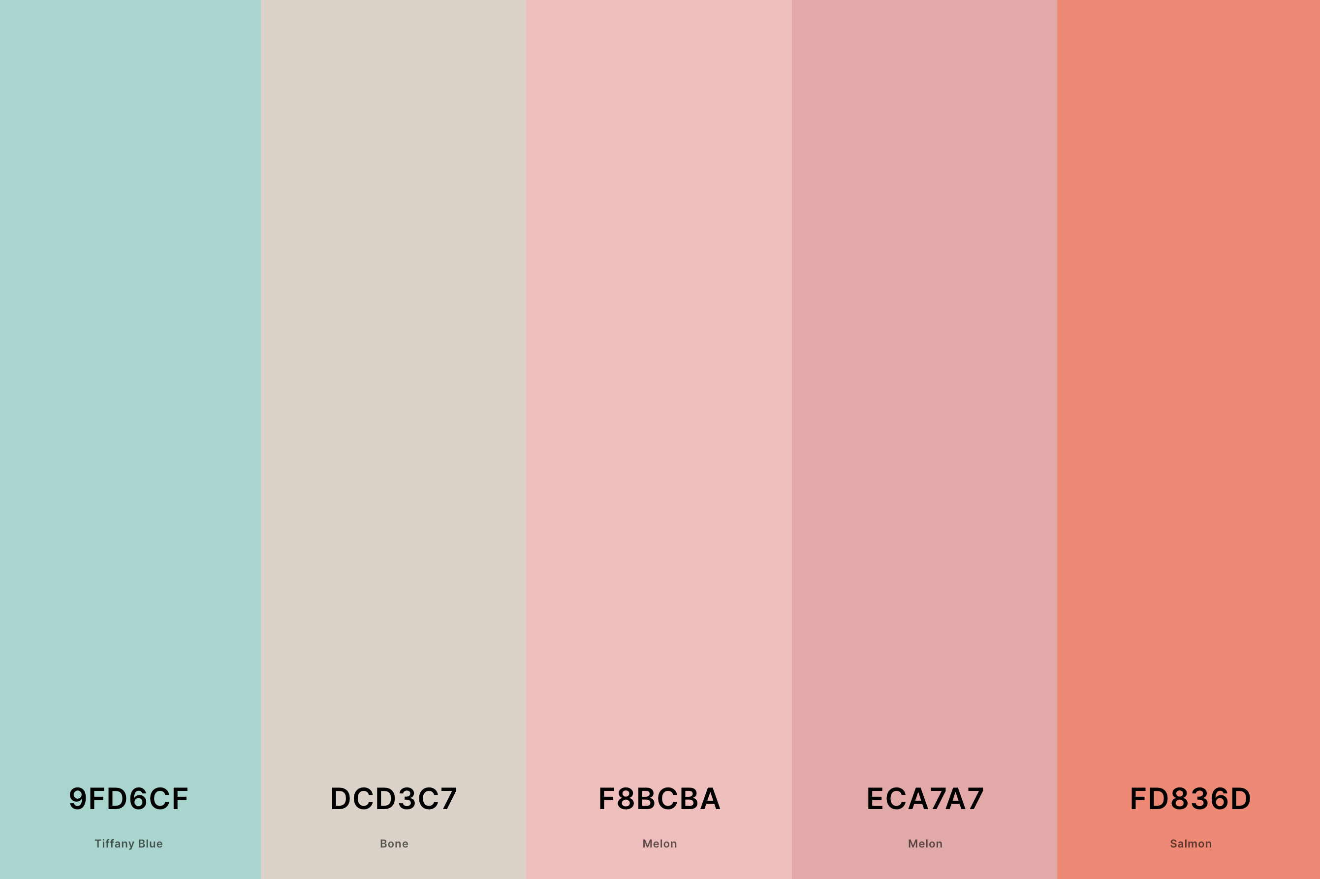 26. Coral Beach Color Palette Color Palette with Tiffany Blue (Hex #9FD6CF) + Bone (Hex #DCD3C7) + Melon (Hex #F8BCBA) + Melon (Hex #ECA7A7) + Salmon (Hex #FD836D) Color Palette with Hex Codes