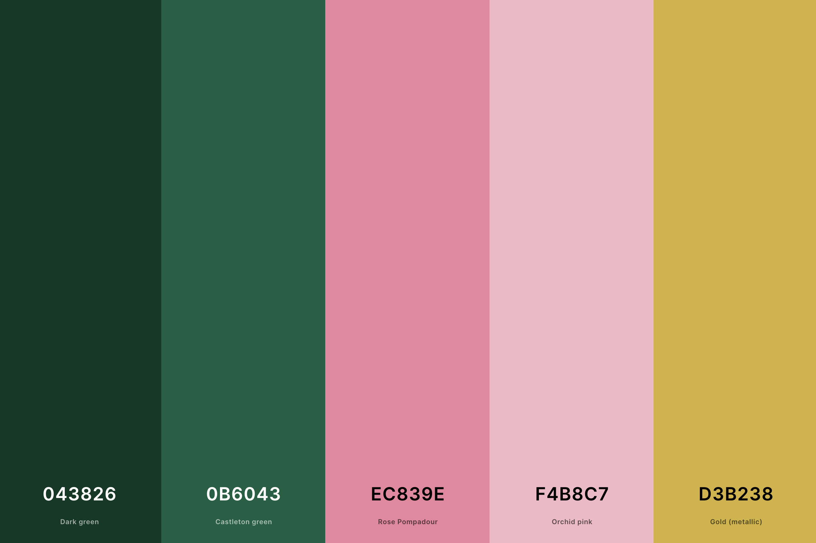26. Green, Pink And Gold Color Palette Color Palette with Dark Green (Hex #043826) + Castleton Green (Hex #0B6043) + Rose Pompadour (Hex #EC839E) + Orchid Pink (Hex #F4B8C7) + Gold (Metallic) (Hex #D3B238) Color Palette with Hex Codes