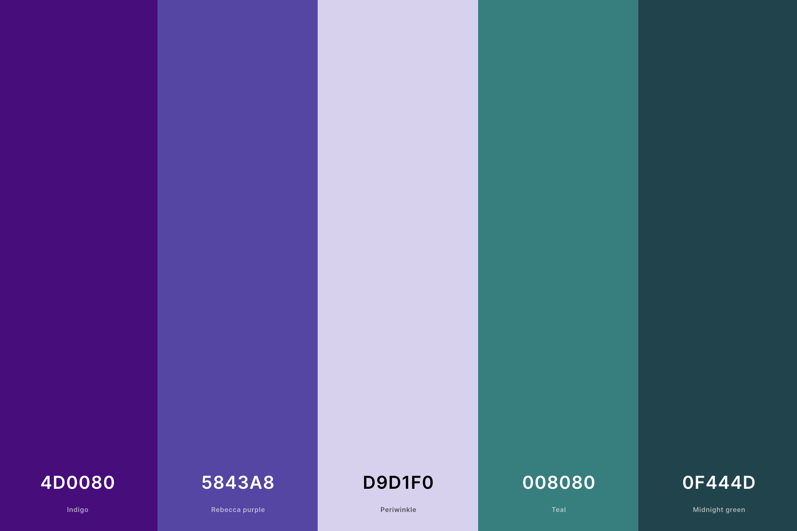 26. Lavender And Teal Color Palette Color Palette with Indigo (Hex #4D0080) + Rebecca Purple (Hex #5843A8) + Periwinkle (Hex #D9D1F0) + Teal (Hex #008080) + Midnight Green (Hex #0F444D) Color Palette with Hex Codes