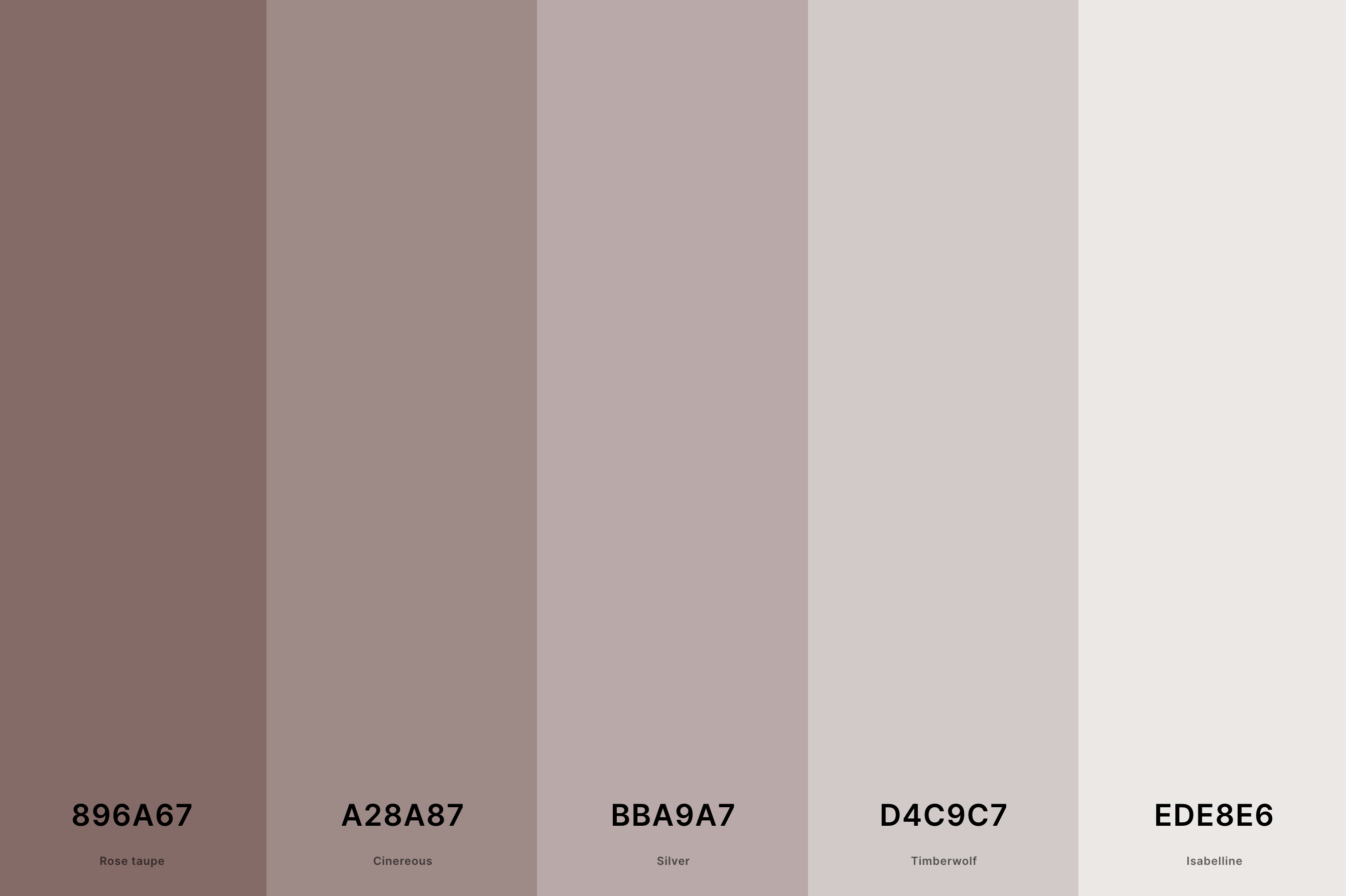 26. Light Neutral Color Palette Color Palette with Rose Taupe (Hex #896A67) + Cinereous (Hex #A28A87) + Silver (Hex #BBA9A7) + Timberwolf (Hex #D4C9C7) + Isabelline (Hex #EDE8E6) Color Palette with Hex Codes
