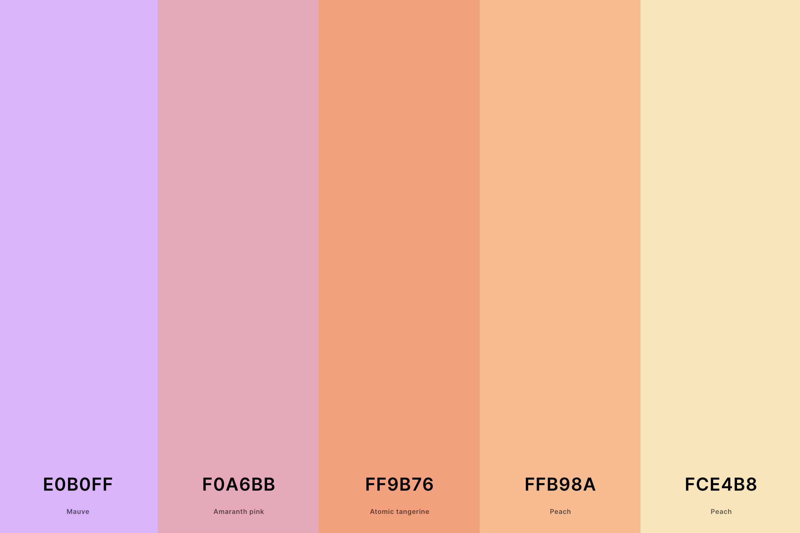 26. Mauve And Peach Color Palette Color Palette with Mauve (Hex #E0B0FF) + Amaranth Pink (Hex #F0A6BB) + Atomic Tangerine (Hex #FF9B76) + Peach (Hex #FFB98A) + Peach (Hex #FCE4B8) Color Palette with Hex Codes