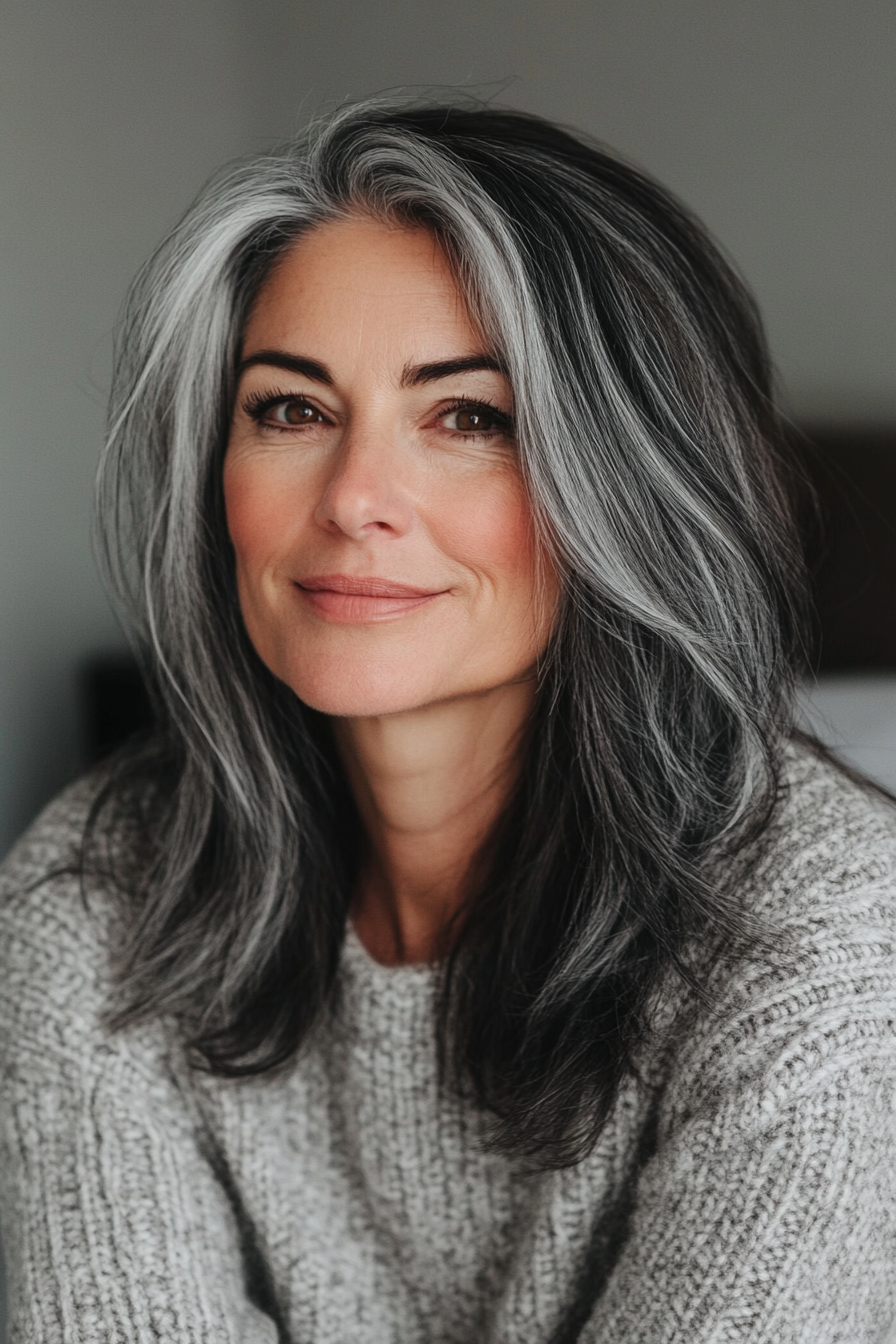 26. Midnight Black Layers with Wispy Ends (Long Hairstyles For Older Women) - Long Hairstyles For Older Women