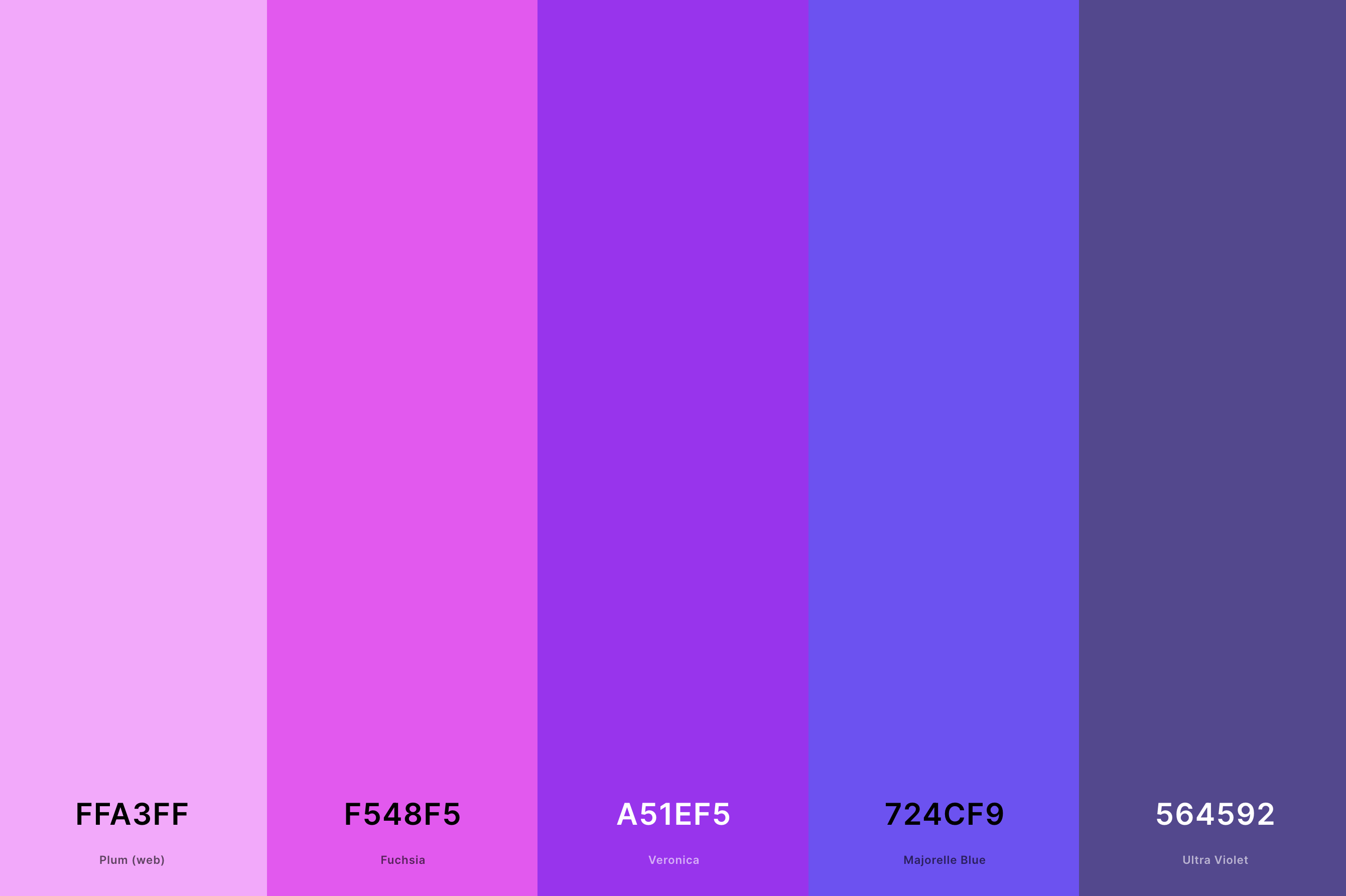 26. Neon Lilac Color Palette Color Palette with Plum (Web) (Hex #FFA3FF) + Fuchsia (Hex #F548F5) + Veronica (Hex #A51EF5) + Majorelle Blue (Hex #724CF9) + Ultra Violet (Hex #564592) Color Palette with Hex Codes