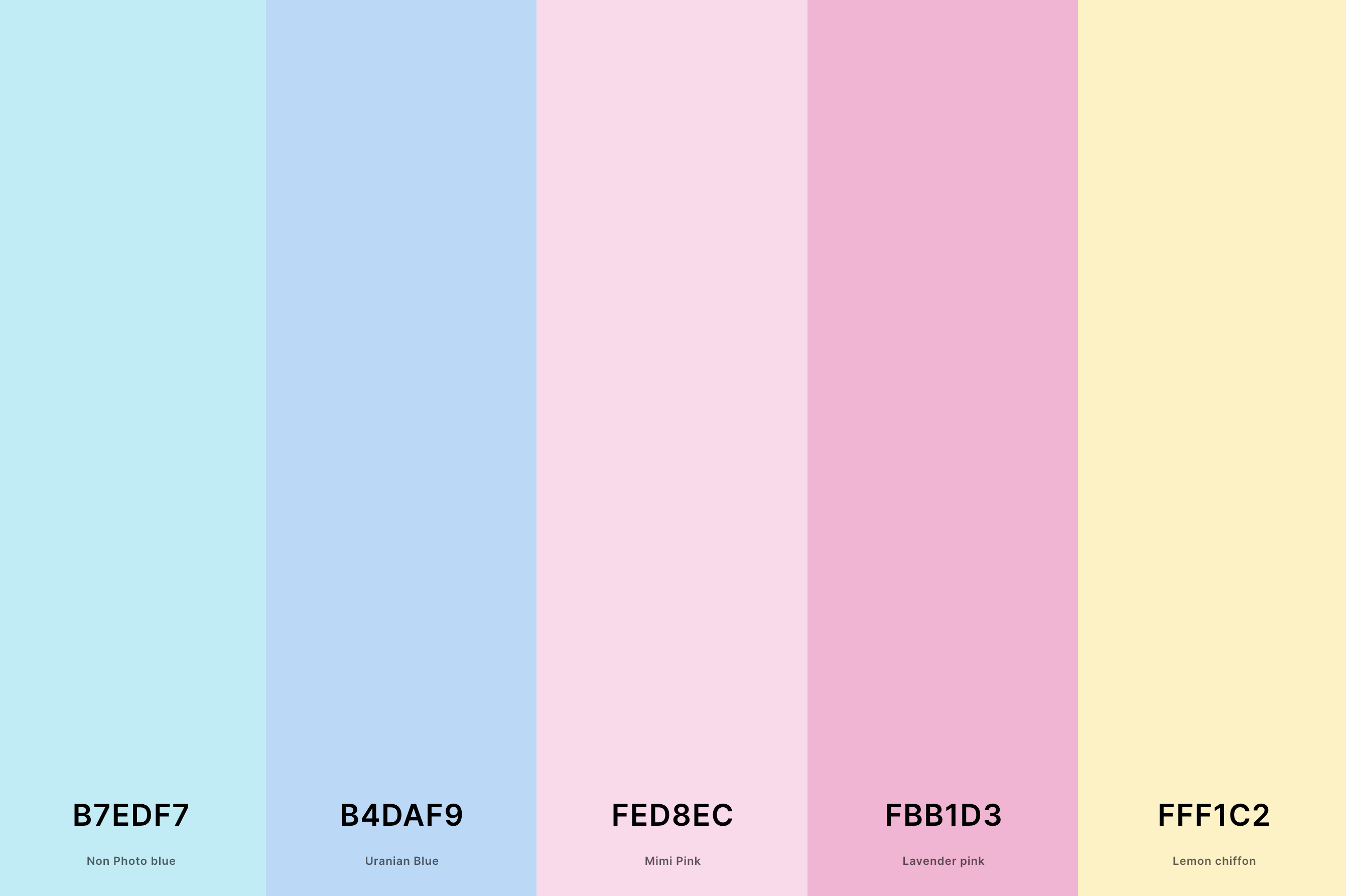 26. Pastel Beach Color Palette Color Palette with Non Photo Blue (Hex #B7EDF7) + Uranian Blue (Hex #B4DAF9) + Mimi Pink (Hex #FED8EC) + Lavender Pink (Hex #FBB1D3) + Lemon Chiffon (Hex #FFF1C2) Color Palette with Hex Codes
